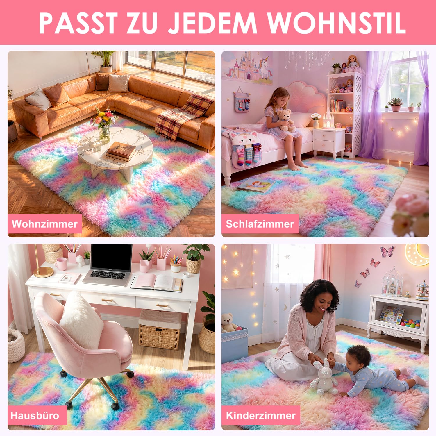Teppich Wohnzimmer 160 x 230 cm Regenbogen Waschbar Rutschfester Hochflorteppich Kinderzimmer Schlafzimmer Flauschiger Teppiche