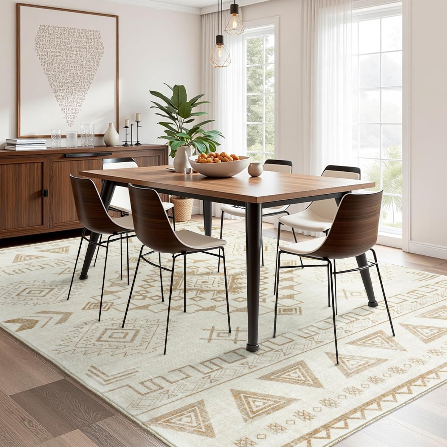 5x7 Area Rug Machine Washable Non Slip Low Pile Western Rug for Living Room, Bedroom, Dining Room Kitchen Table Rugs for Under Table, Office Home Decor, Warm Beige