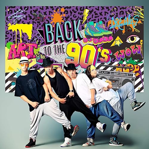 Miniatura 4 de Telón de fondo con temática de los años 90, graffiti de hip hop, fondo de pancarta de fiesta de los 90, 71 x 43.3 pulgadas, decoración de mesa de
