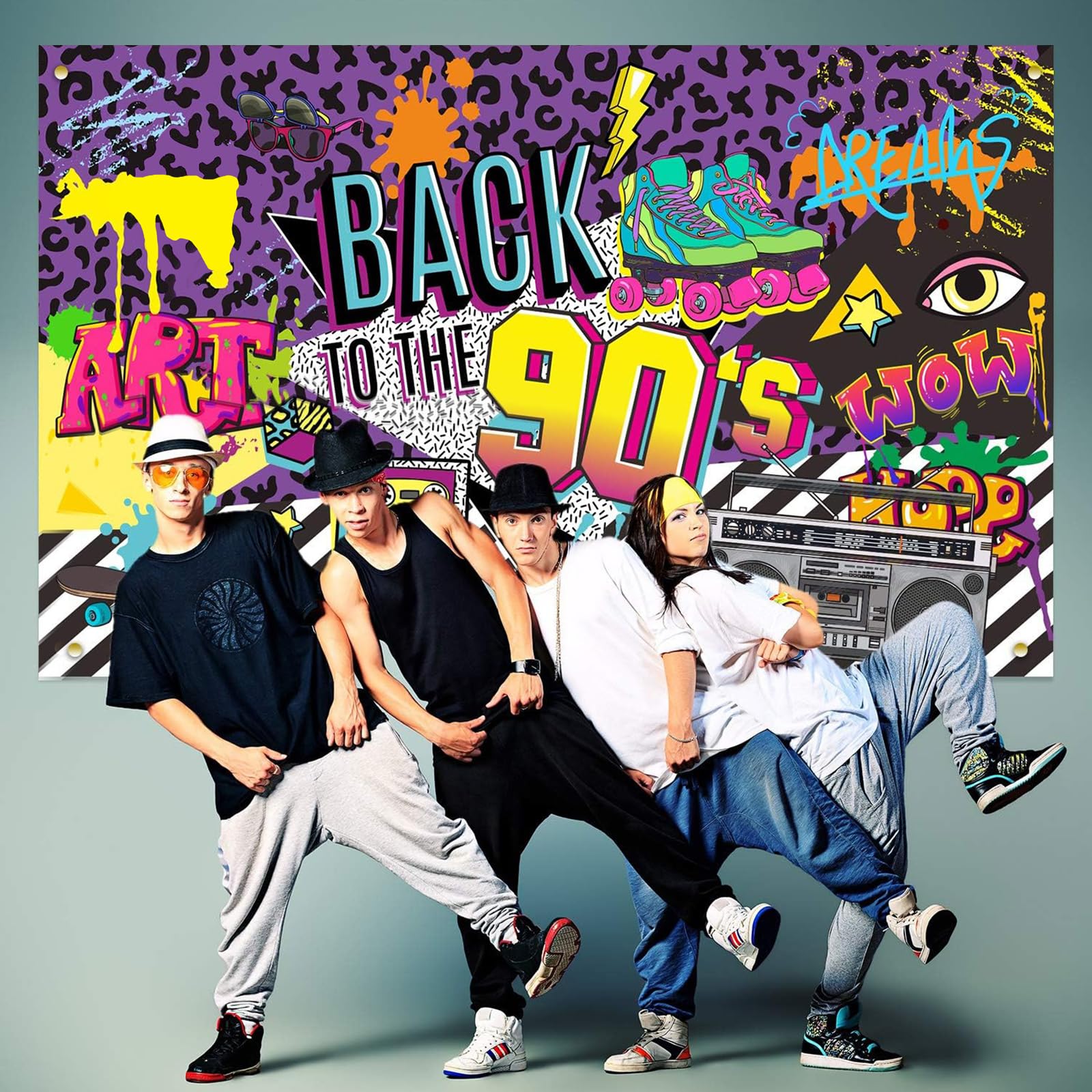 Telón de fondo con diseño de los años 90 de Hip Hop Graffiti de vuelta a los 90 de fondo para fiesta de 72.8 x 43.3 pulgadas de tela, decoración de mesa de pared, accesorios para fotomatón