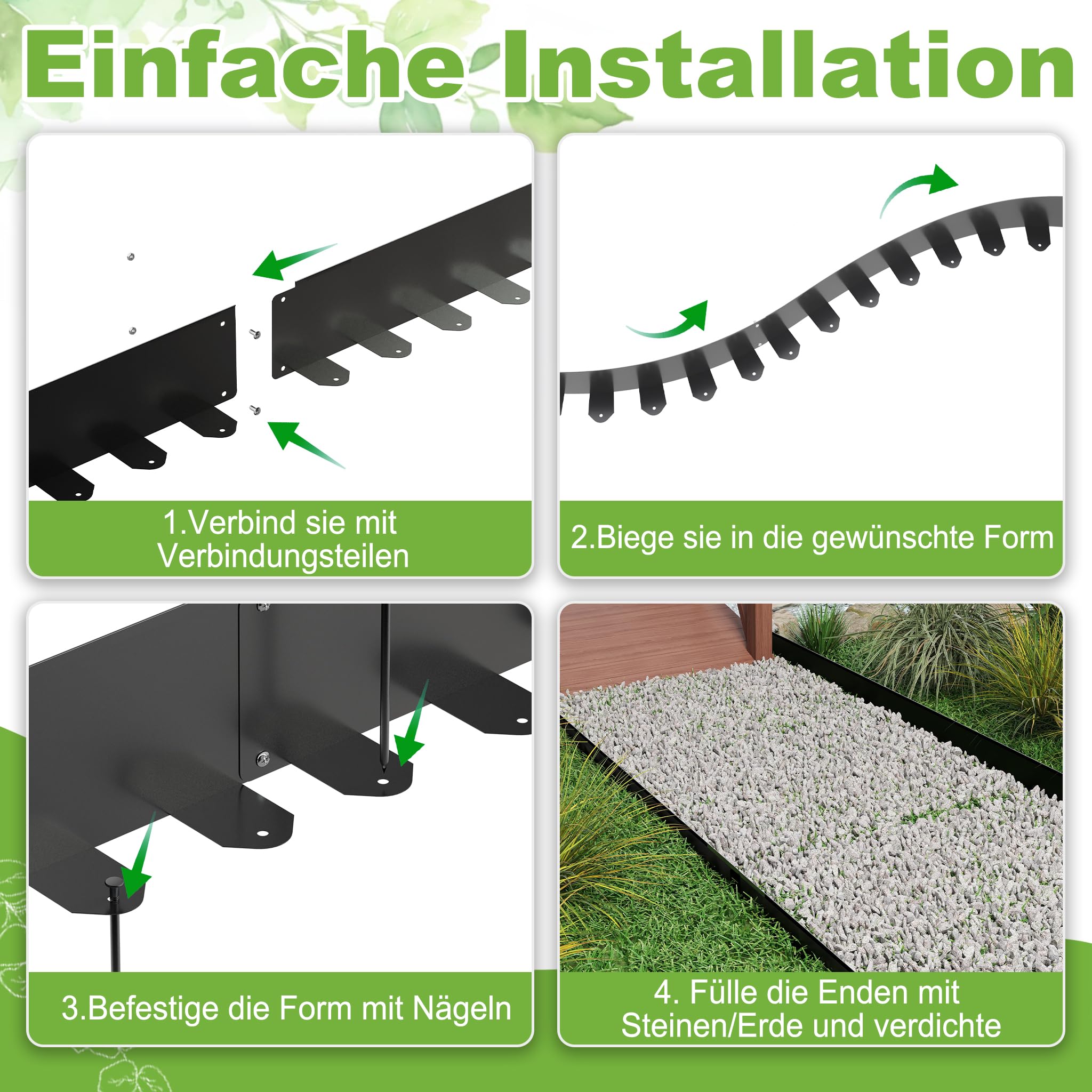 Froadp Flexible Rasenkante, L 100 x H 10 cm Beeteinfassung Metall, Beetumrandung mit 50 Erdanker, Garten Beetbegrenzung für Hof Bauernhof Verwendet Werden, Schwarz,10 Stück