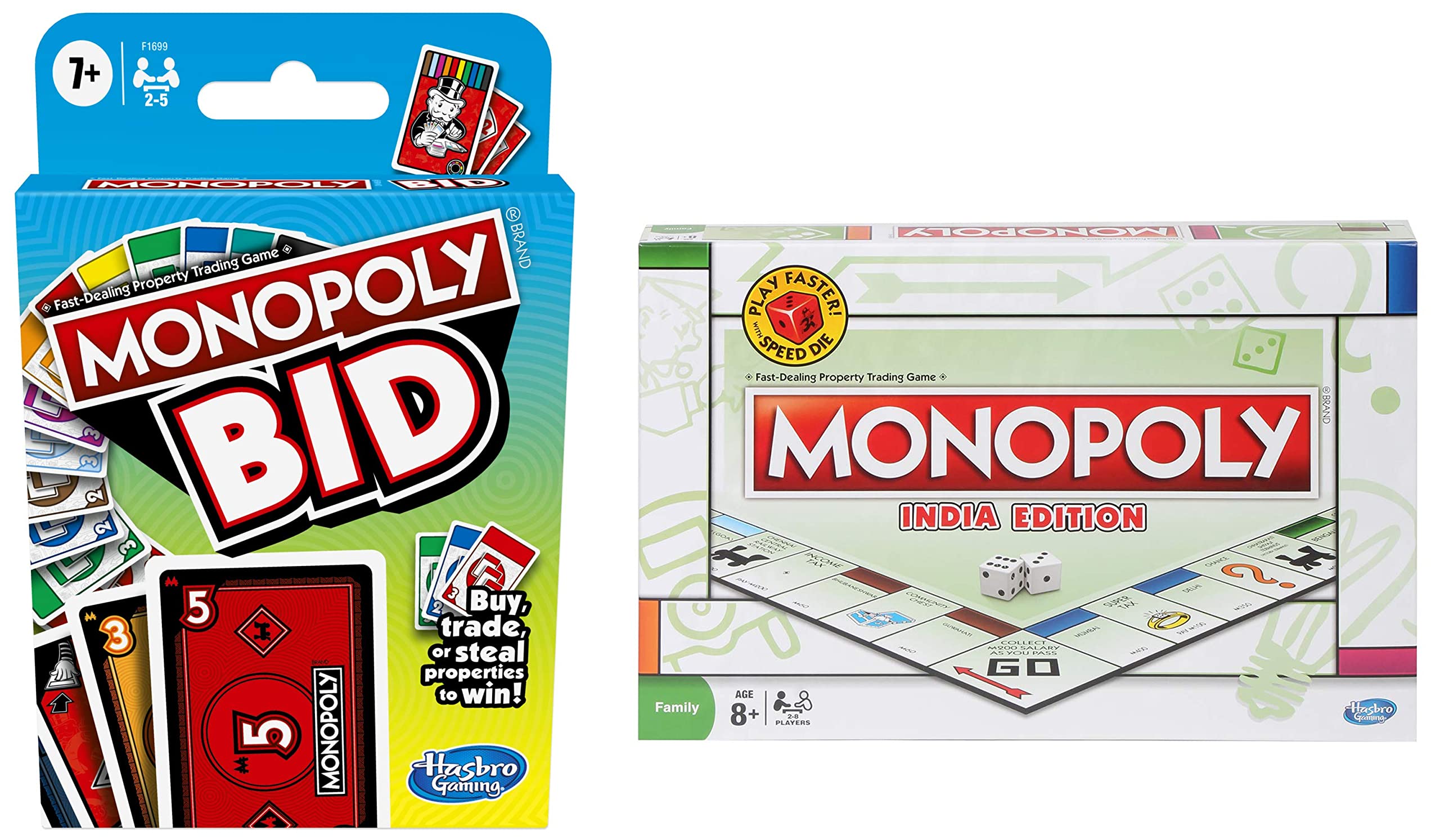Monopoly Bid Game, Quick-Playing Card Game for 4 Players, Game for Families and Kids Ages 7 and Up, Multicolor & India Edition Board Game for Families,Fantasy Classic Gameplay,Multicolor
