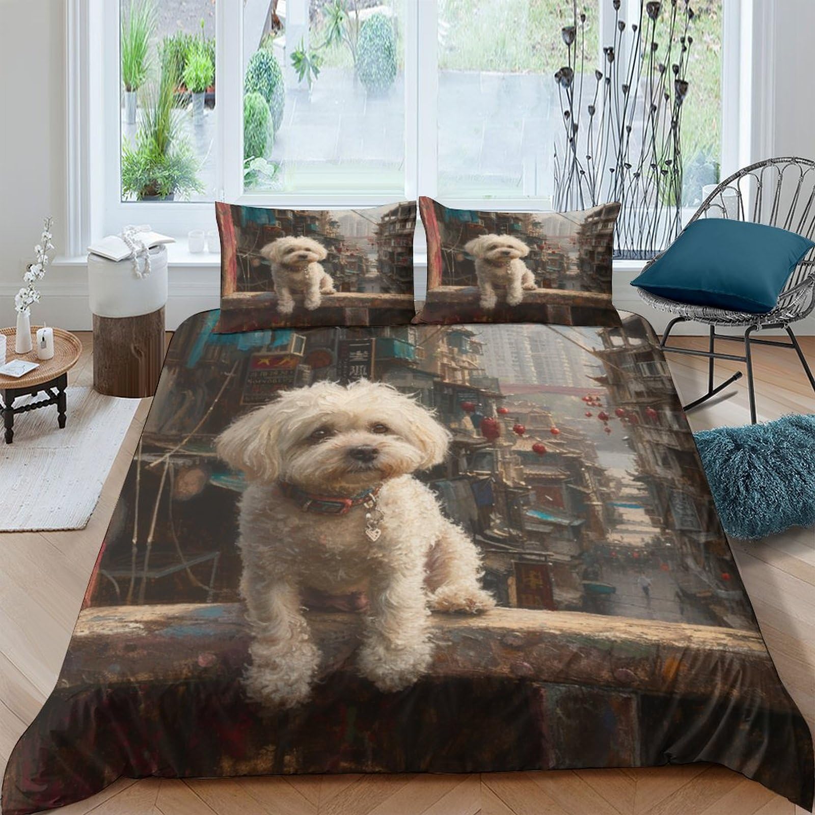 Housse de couette Shih Tzu zippée anti-plis pour lit 2 personnes en microfibre douce