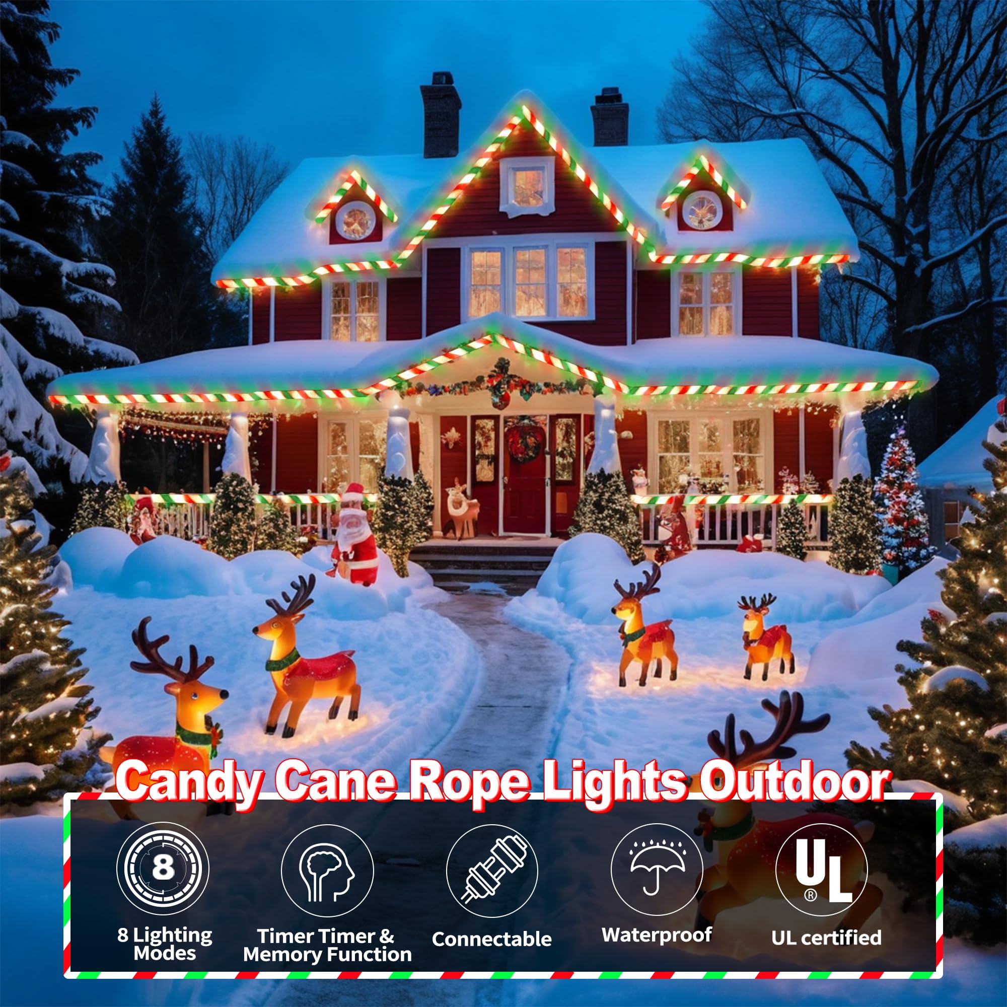 Jnaurb Luces de bastón de caramelo de Navidad, 66 pies, 480 luces LED conectables, color blanco, rojo y verde, cuerda de luces para exteriores, 8 modos, luz LED impermeable de Navidad para jardín