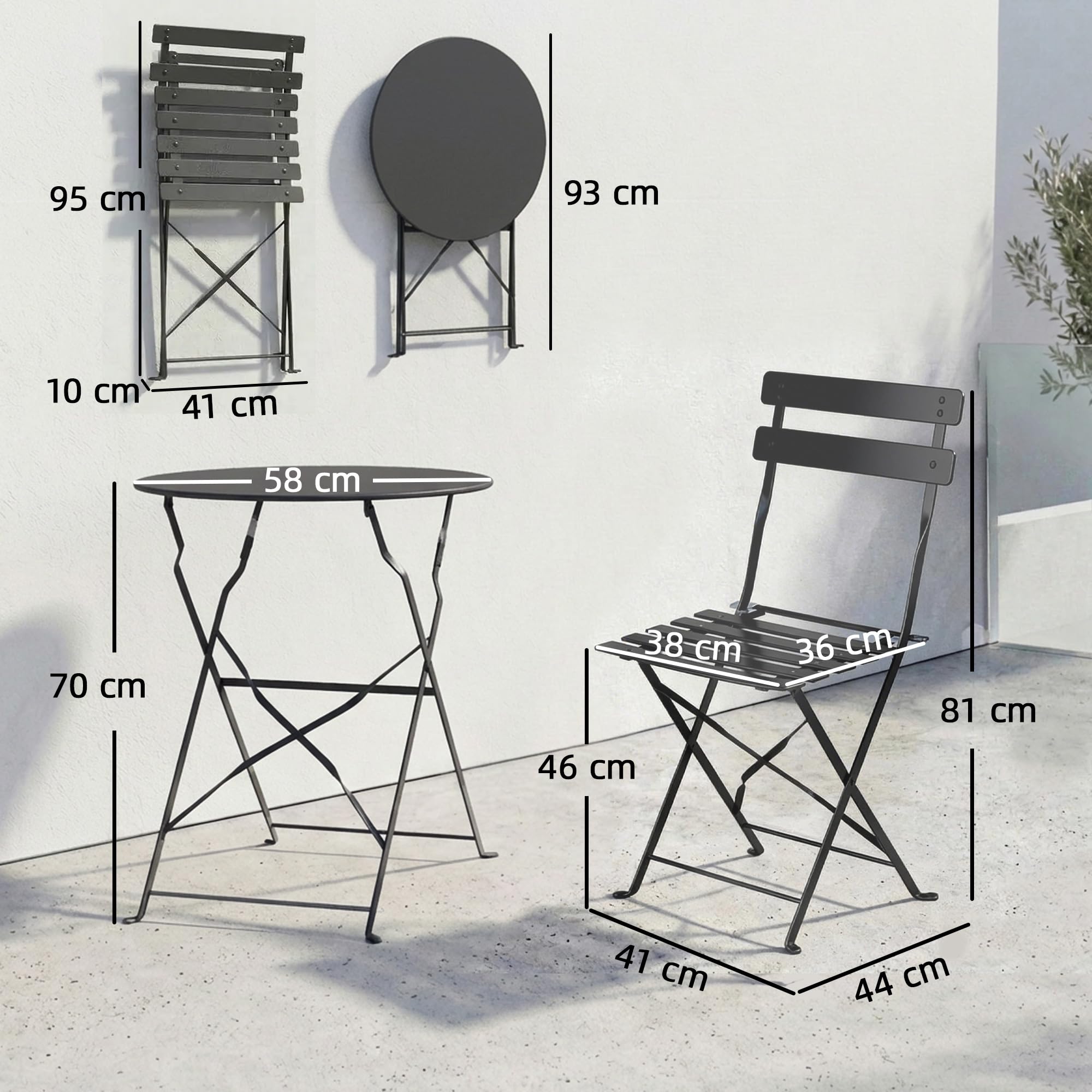 Outsunny Set da Bistrò da 3 Pezzi Pieghevole, Set da Giardino con 2 Sedie, Tavolo, Set di Mobili da Giardino in Metallo, per Patio Balcone, Nero