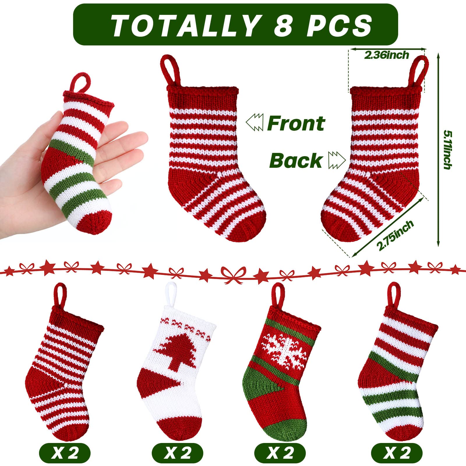 8 Pcs Mini Christmas Stockings 2 x 5 Knit Stocking Small Xmas Baby Christmas Hanging Stocking Stripe Snowflake Pine Tree Xmas Tiny Stocking Set for Christmas Tree Gift Ornaments Decor