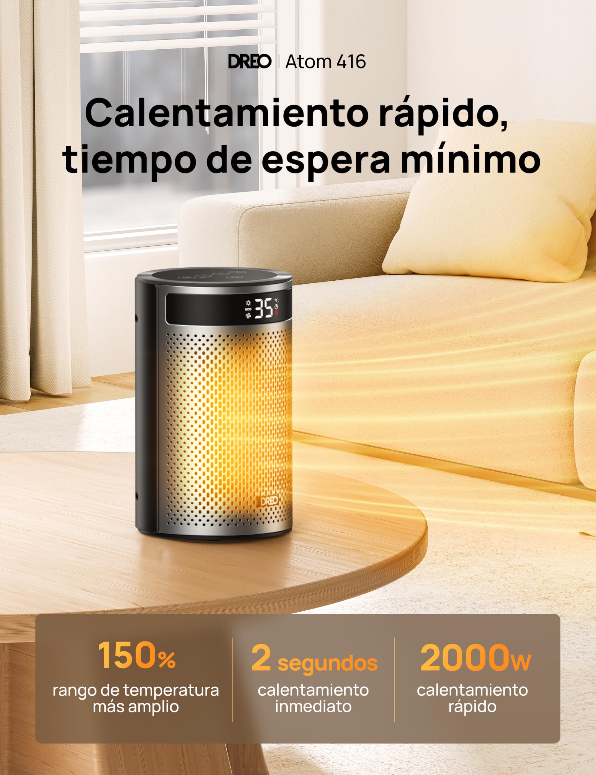 DREO Calefactor cerámico 416, 1500 W, de pie, protección contra sobrecalentamiento y vuelco, termostato ajustable, bloqueo infantil, ahorro de energía, silencioso, temporizador de 12 horas