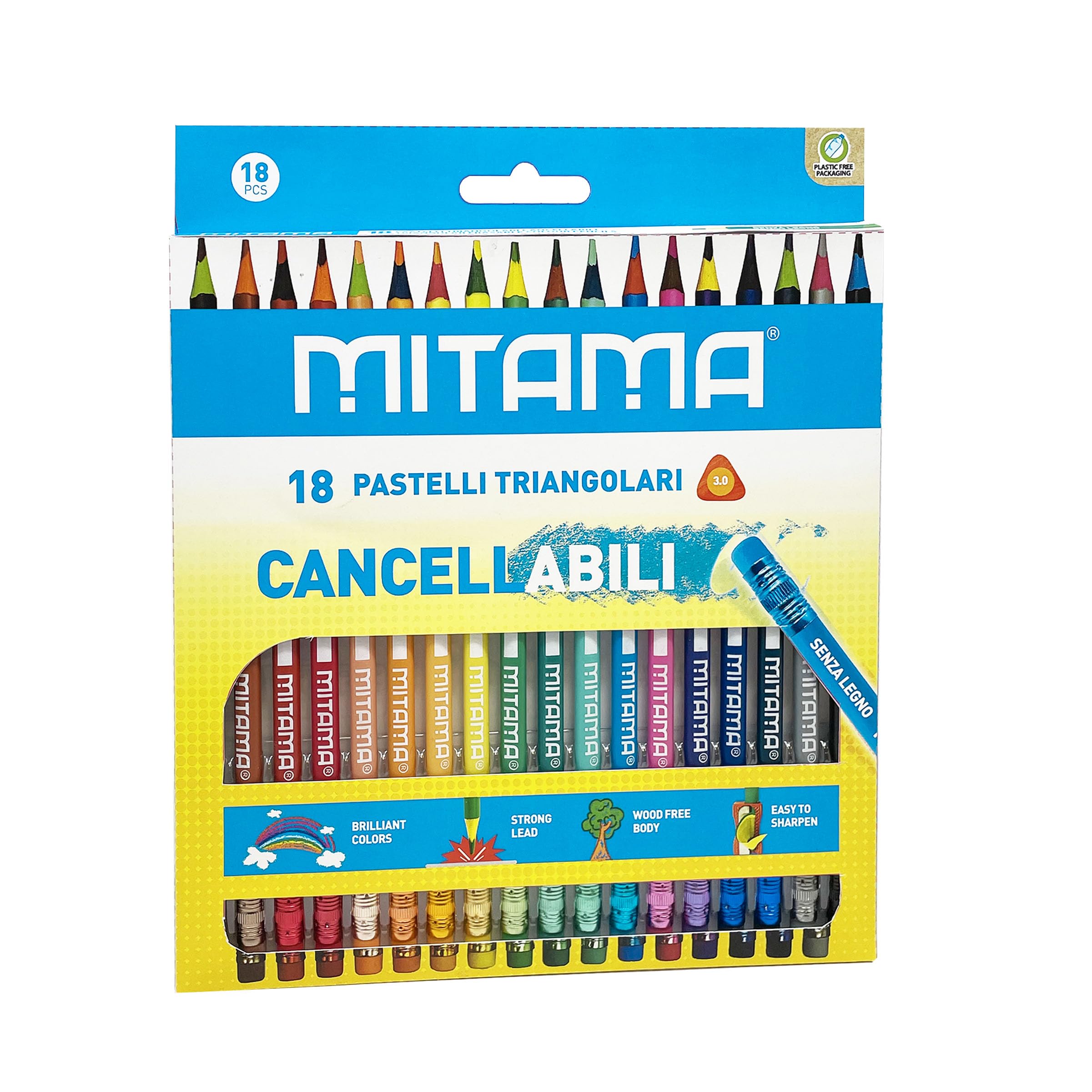 Pastelli Cancellabili Mitama Impugnatura Triangolare Laccati, mina 3.3, con Gomma, in Pet Box 18 pz