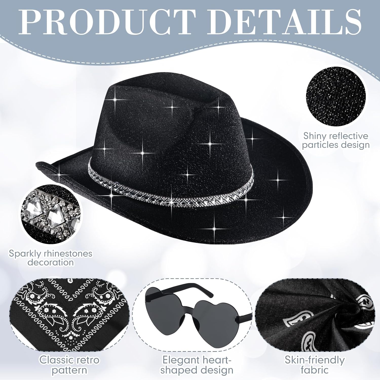 9 Pack Western Cowboy Hat with Paisley Print Bandanas Heart Sunglasses Adult Cowgirl Hat for Women and Men - Image 3