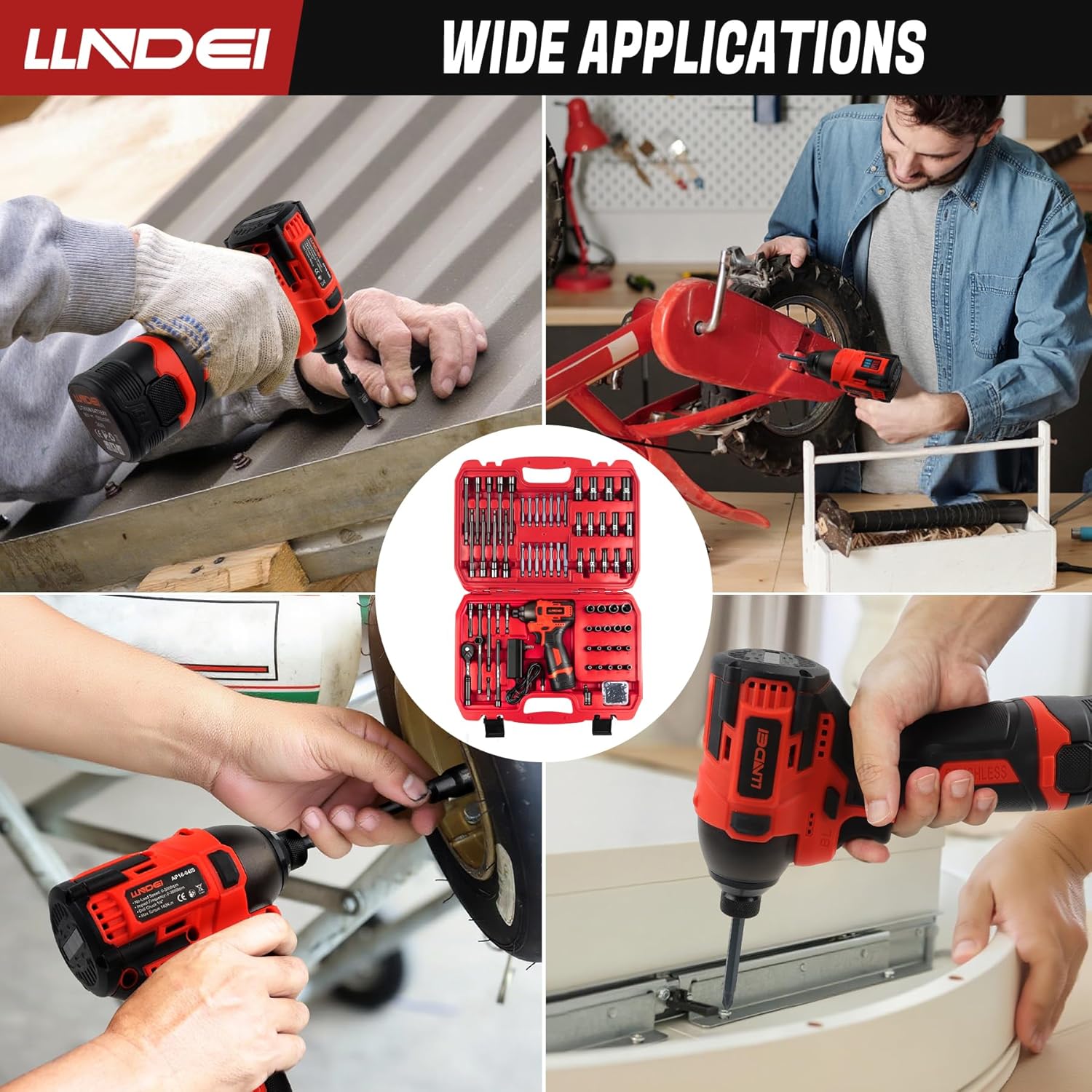 LLNDEI 1/4 Drive Socket Set 16V Brushless Impact Driver Kit, 108 PCS 6 point Metric Magnetic Nut Driver Set, including 1.5Ah Battery, Charger and a Self-Tapping Screws, Hex Drill Bits Can be Used