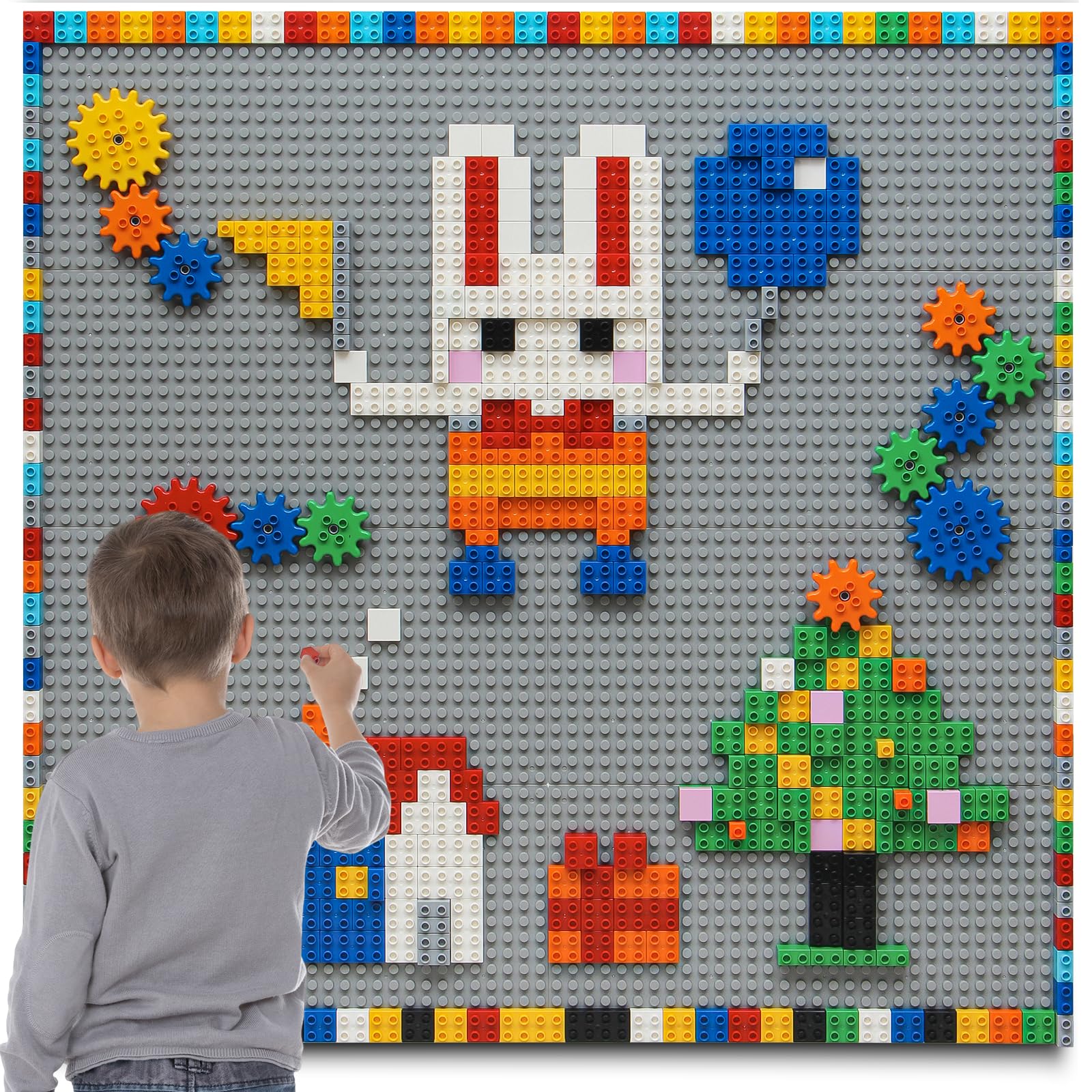 MIMAXCustomize Building Block Wall, 470+ PCS Activity Wall Mount Toys Bricks with Self Adhesive Baseplate 8PCS (20"x10") for All Major Brands, Art Build On Table Wall, Gray