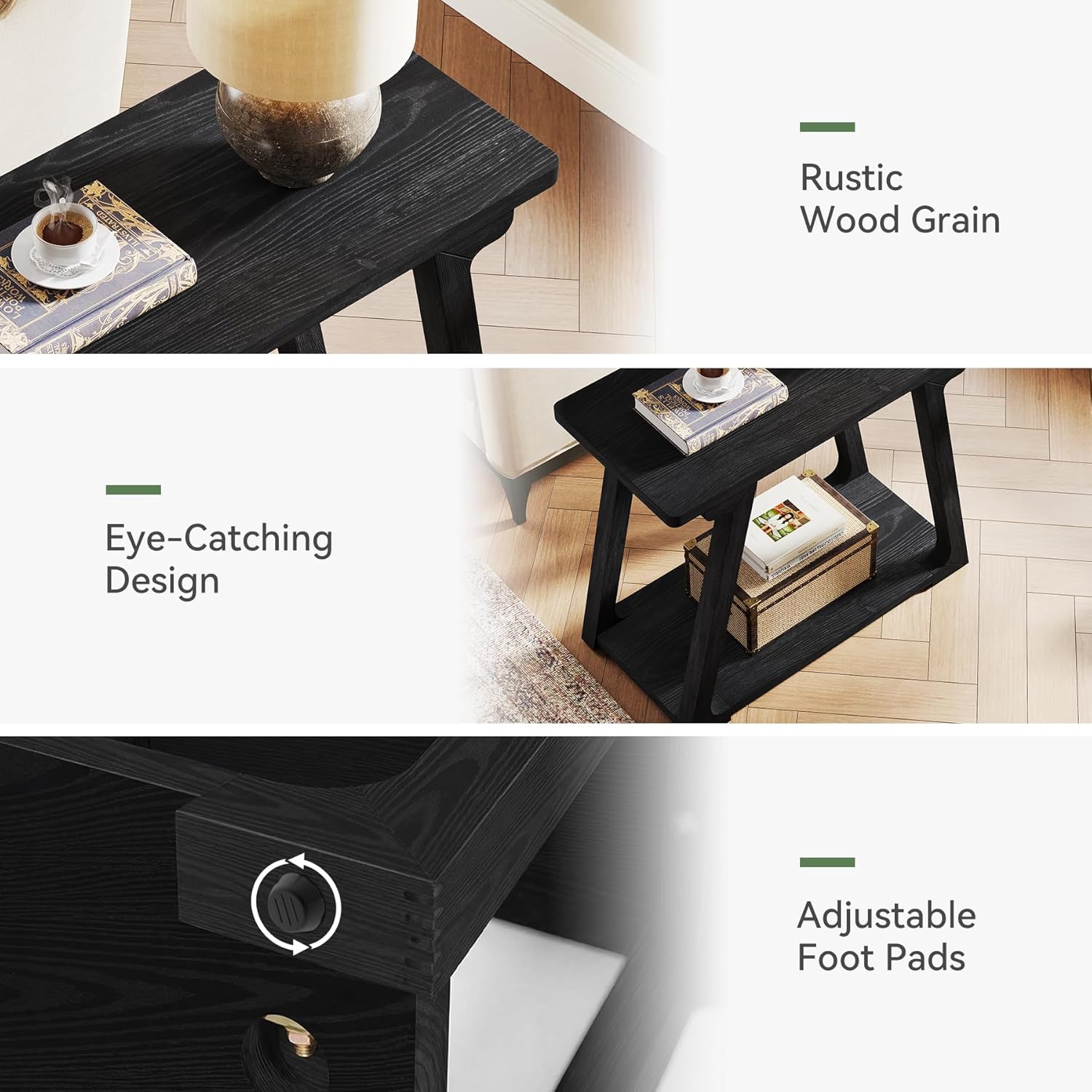 2-Tier Solid Wood End Table, Narrow Side Table, RectangleFarmhouse Nightstand for Living Room, Bedroom, Easy Assembly, Trapezoidal Base (1, Black)