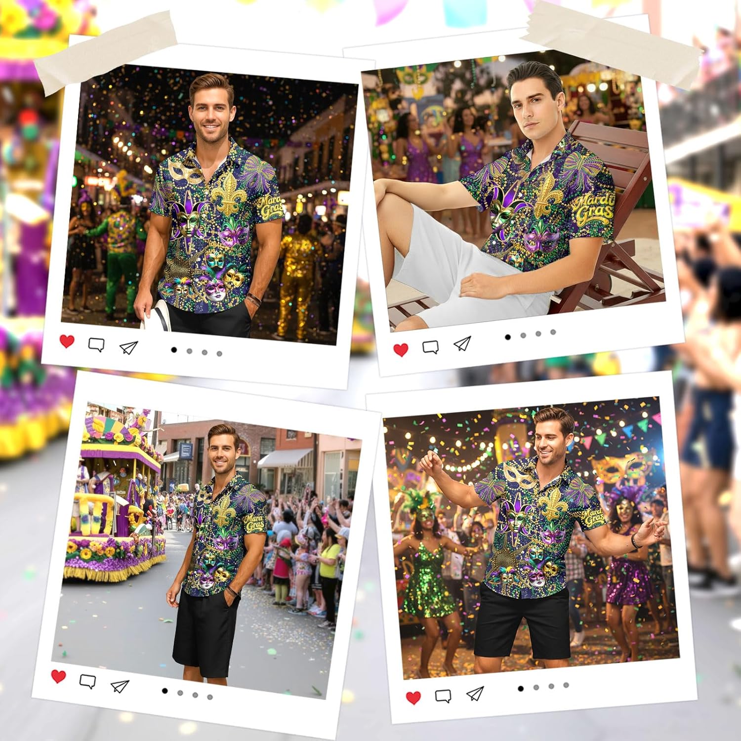 Purple Mardi Gras Short Sleeve Knit Casual Modal Soft Shirt and Shorts for Men Mardi Gras Hawaiian Button Down Shirt Set - Image 8