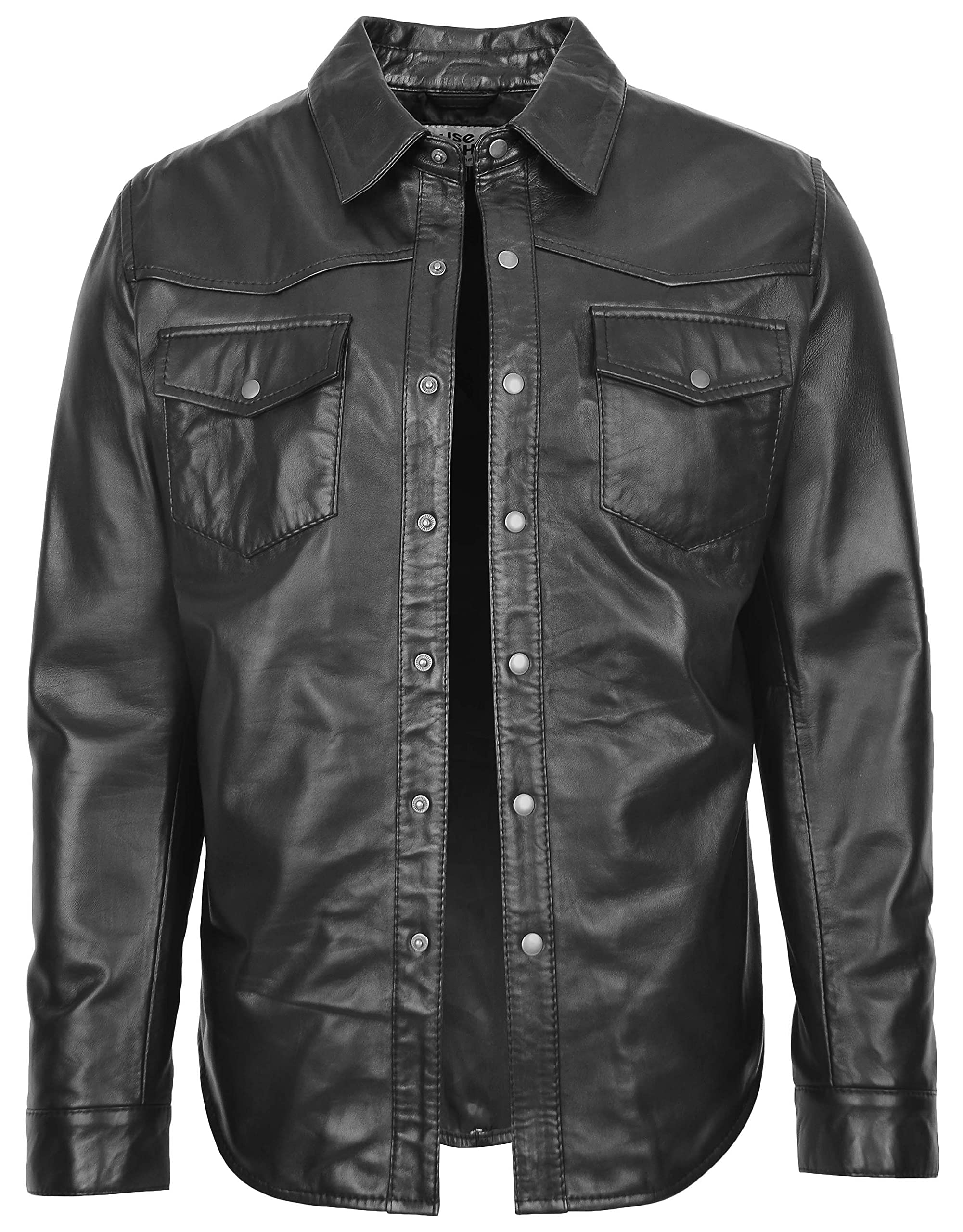 House Of Leather Men's Black Real Leather Shirt Classic Western Trucker Style Oliver (S, )