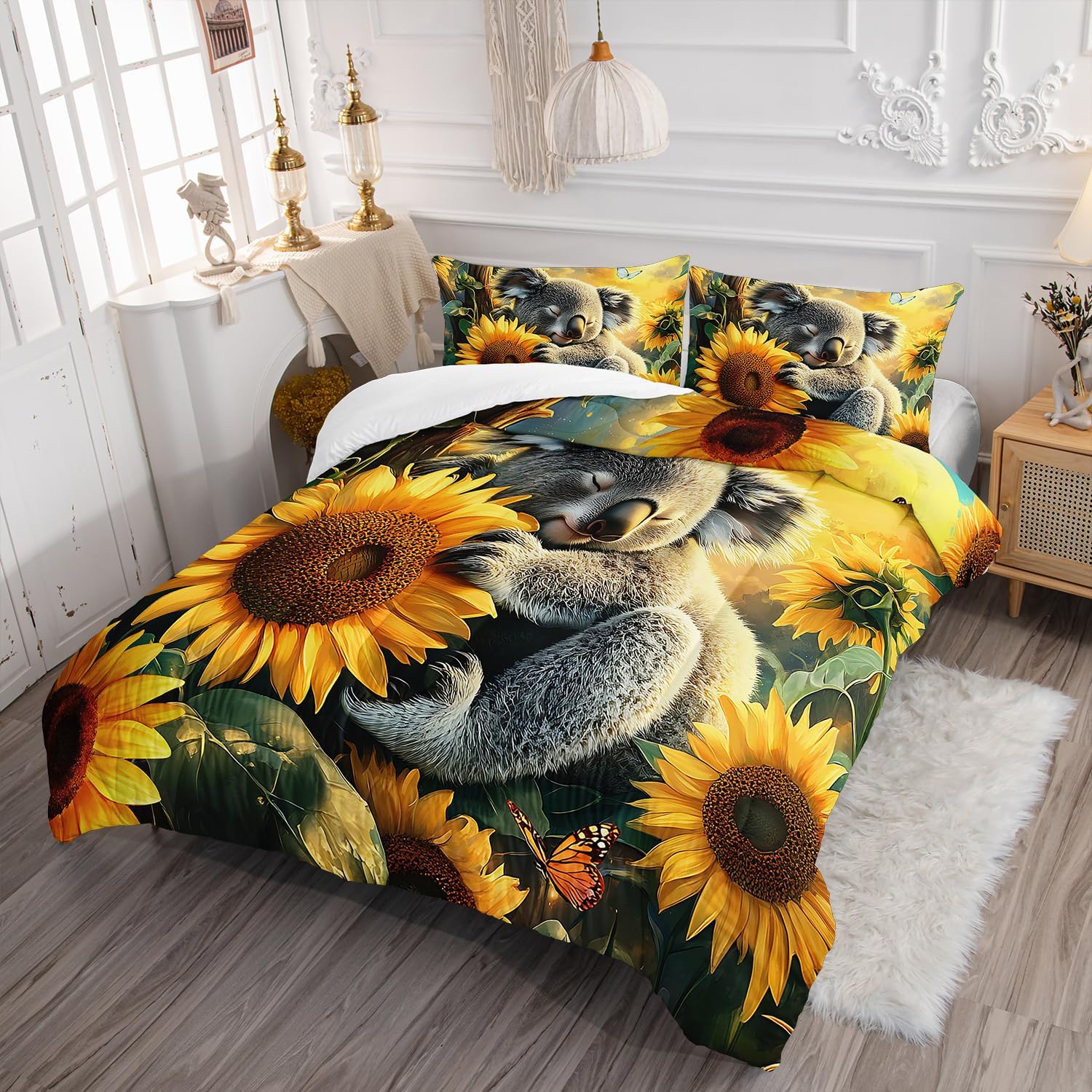 Kawaii Koala Comforter Set 3Pcs Full Wild Animal Butterfly Sunflower Bedding Set for Kid Teen Girl Boy Adult Sleeping Koala Floral Botanical Quilt Bed Decor with 1 Comforter and 2 Pillowcases