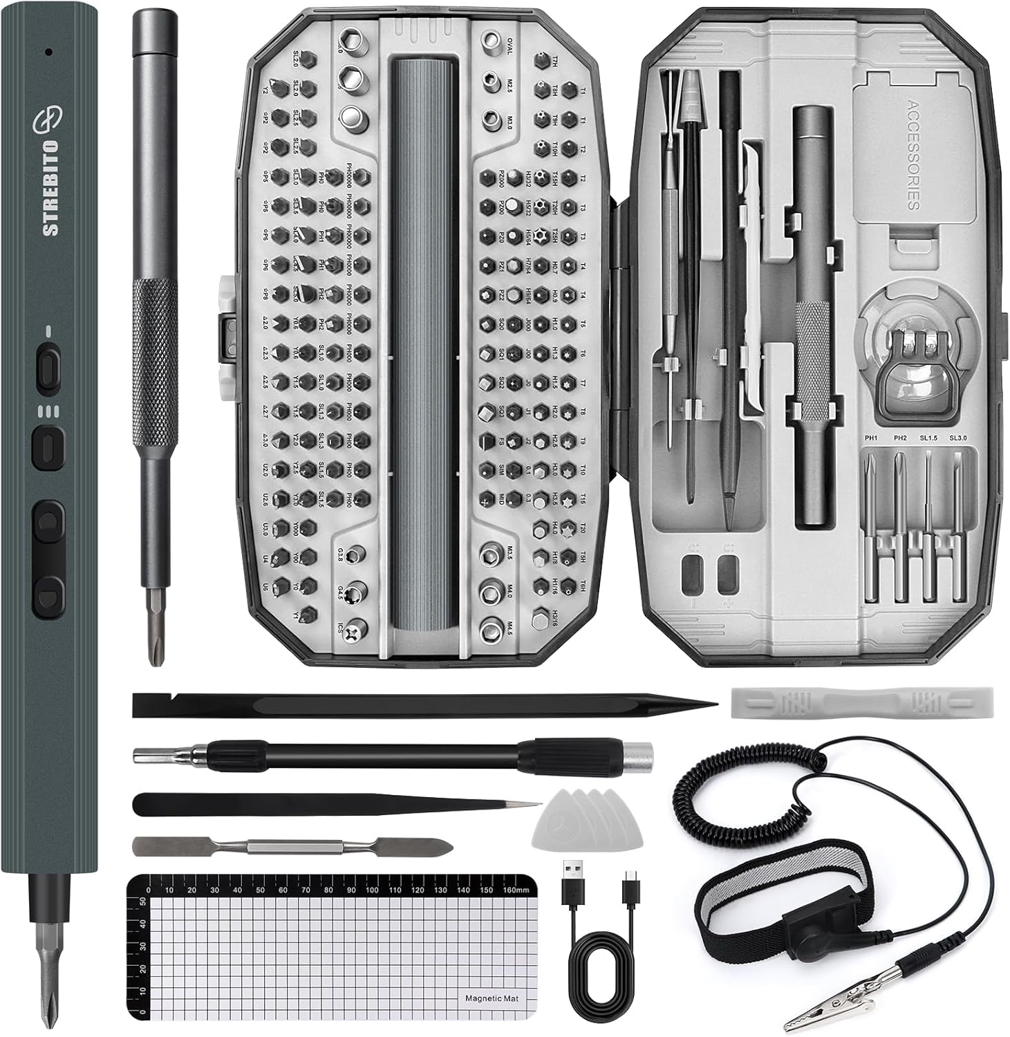 STREBITO Mini 155 in 1 Electric Precision Screwdriver Set Grey And Anti Static Wrist Strap