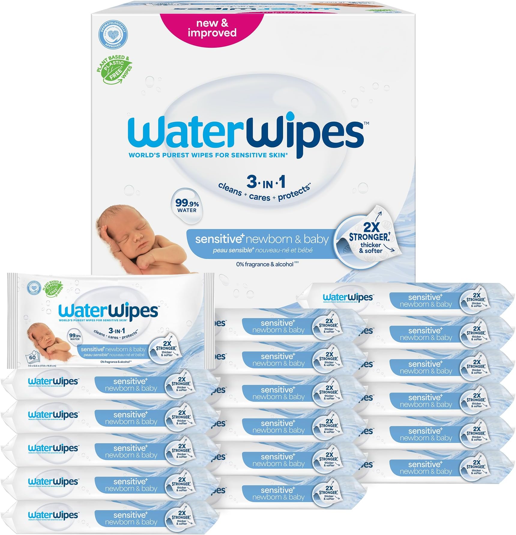 Sensitive+ Newborn & Baby Wipes, 3-In-1 Cleans, Cares, Protects, 99.9% Water, Unscented & Hypoallergenic, 1080 Count (18 Packs)