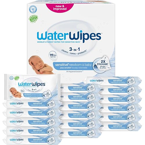 WaterWipes Sensitive+ Newborn & Baby Wipes, 3-In-1 Cleans, Cares, Protects, 99.9% Water, Unscented & Hypoallergenic, 1080 Count (18 Packs)