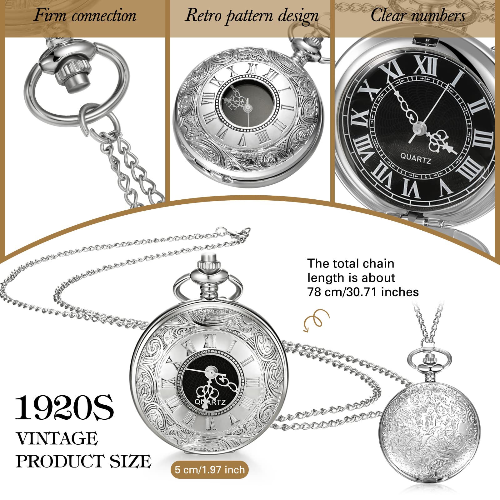 Reloj de Bolsillo, Reloj de Bolsillo Vintage Liso con Cadena números Romanos Reloj Antiguo for Hombres Mujeres papá cumpleaños Aniversario día(Silver)