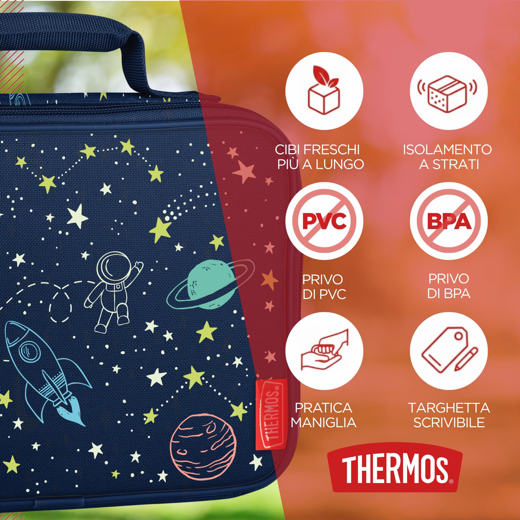 Thermos Sac à déjeuner isotherme pour enfant - Motif astronaute et espace - Bleu - 4 l - Avec sangles réglables et compartiments latéraux - Idéal pour la maternelle et la crèche - Sans BPA et PVC