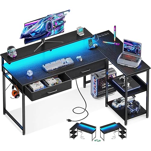Coleshome 48 Inch L Shaped Gaming Desk with 2 Drawers & Storage Shelves, Computer Desk with USB Ports, Study Writing Table for Bedroom, Simple Modern Laptop Desk for Home Office, Black
