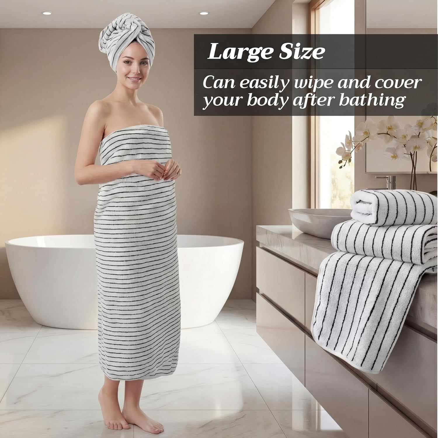 8 Pcs Oversized Bath Towels Set for Adults 40 x 80 Inches Extra Large Black & White Striped Bathroom Sheets Jumbo Shower Towel Quick Dry Absorbent Soft Microfiber for Hotel Bathroom