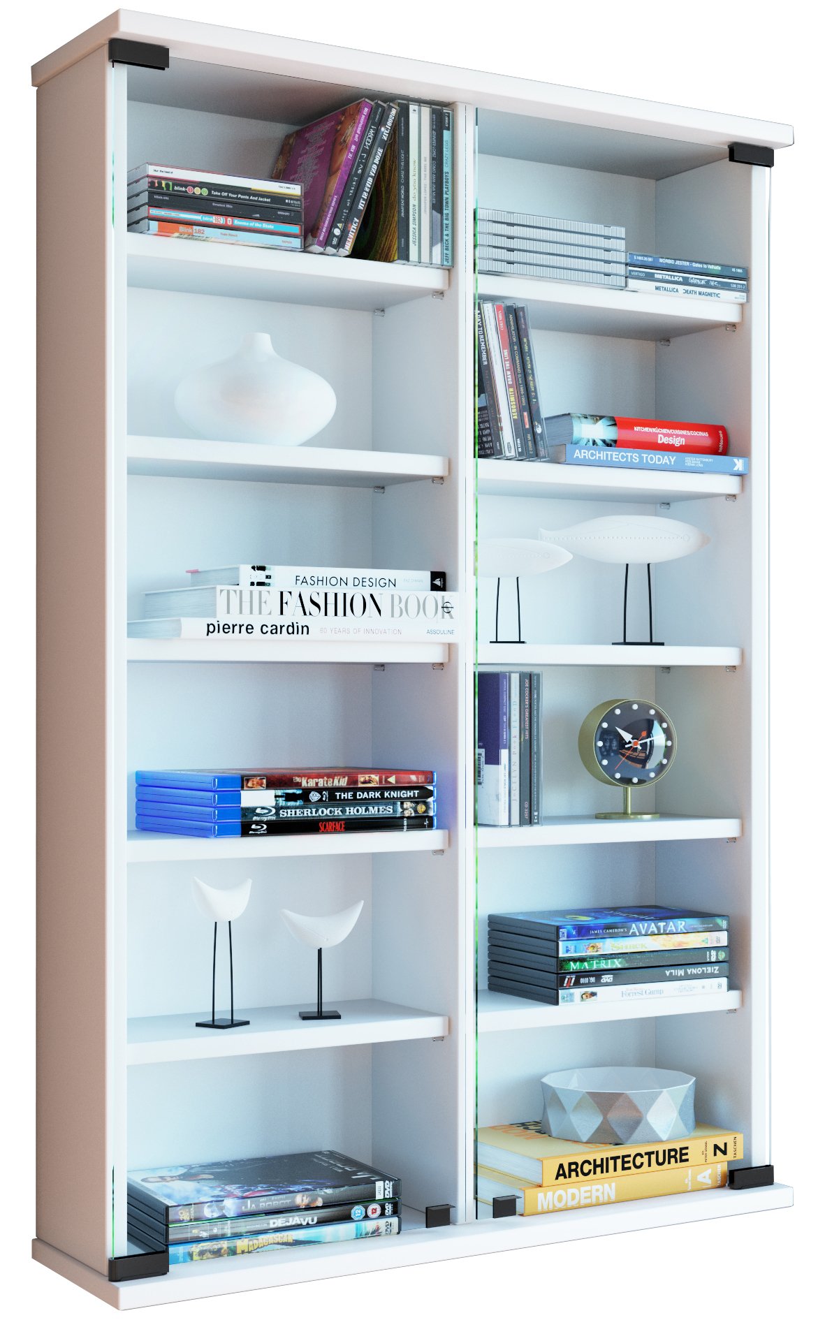 VCM Holz CD DVD Wandregal/Wandvitrine | Vitrine mit 2 ESG-Sicherheitsglastüren. | Maße: H. 92 x B. 60 x T. 18 cm | 10 variable Einlegeböden - Zuntisa Weiß