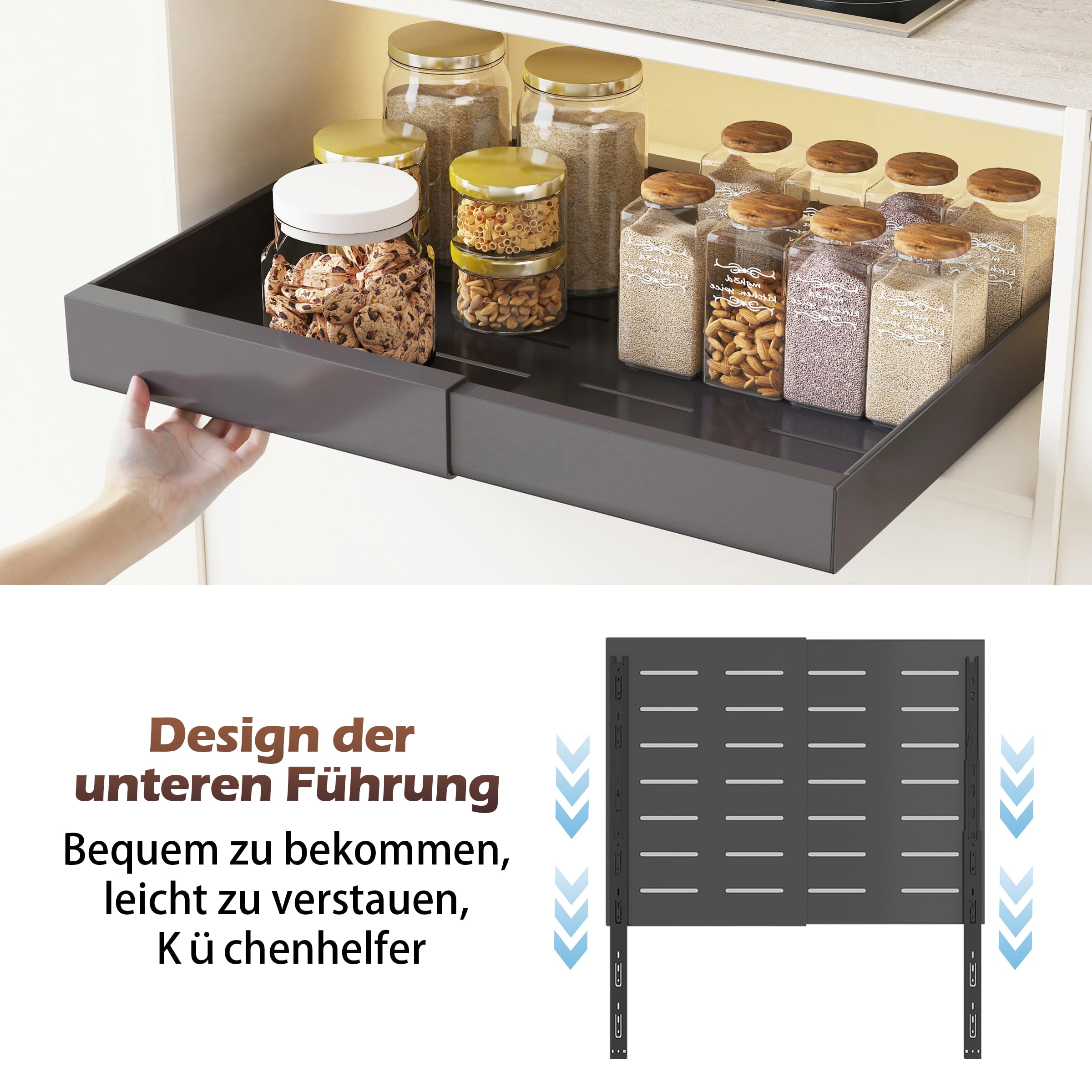 COVAODQ Teleskopschublade,Ausziehbare Schublade Küche,Erweiterbar Ausziehbare Schubladen,Die Breite kann von 31.5 cm auf 52 cm erweitert Werden,1 Stück Grau