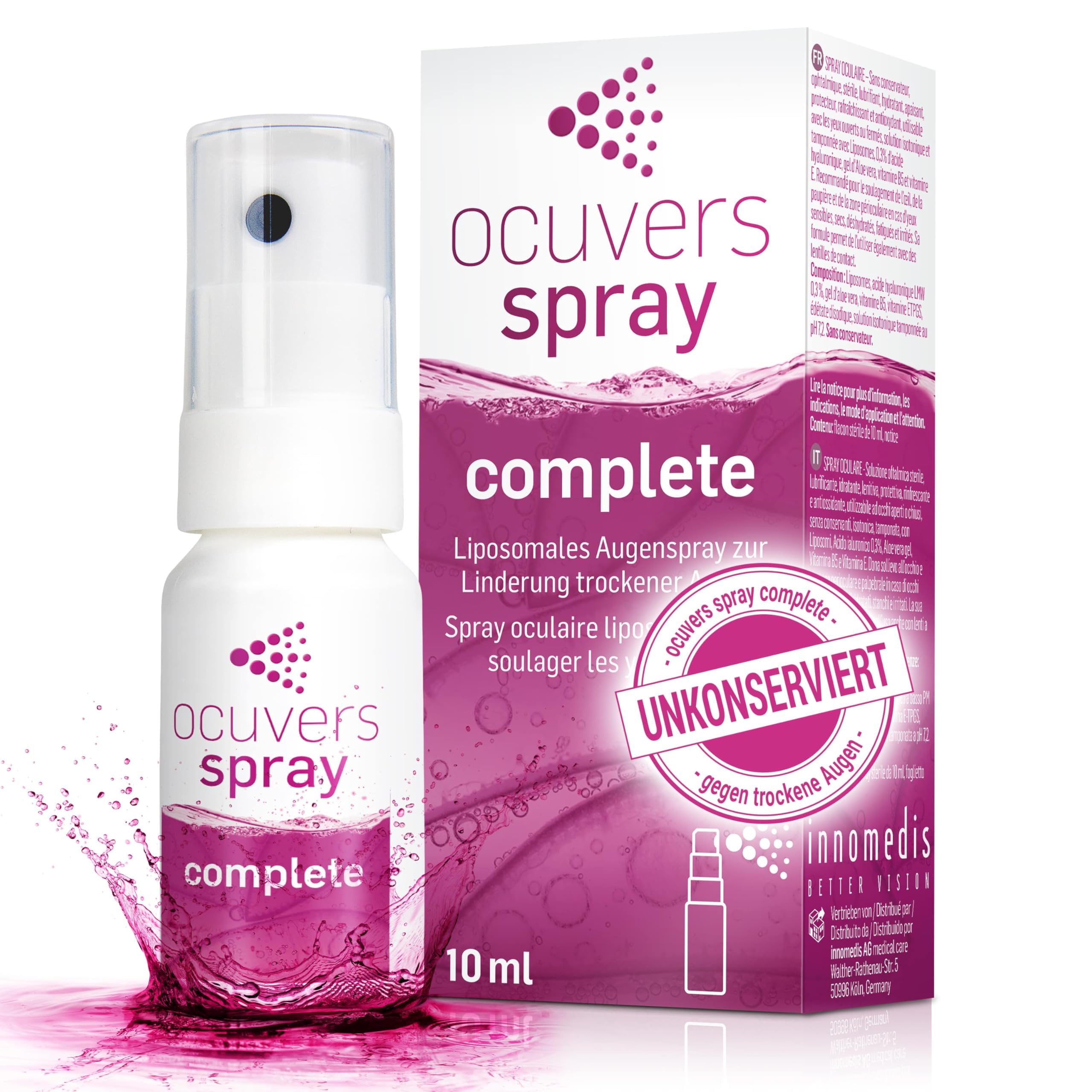 Ocuvers Complete Augenspray mit 0,3% Hyaluron, Liposomen, Aloe Vera,  Vitamin B5 und Vitamin E - Augenspray gegen trockene Augen - Die  Alternative zu Augentropfen, 10 ml : Amazon.de: Drogerie & Krperpflege