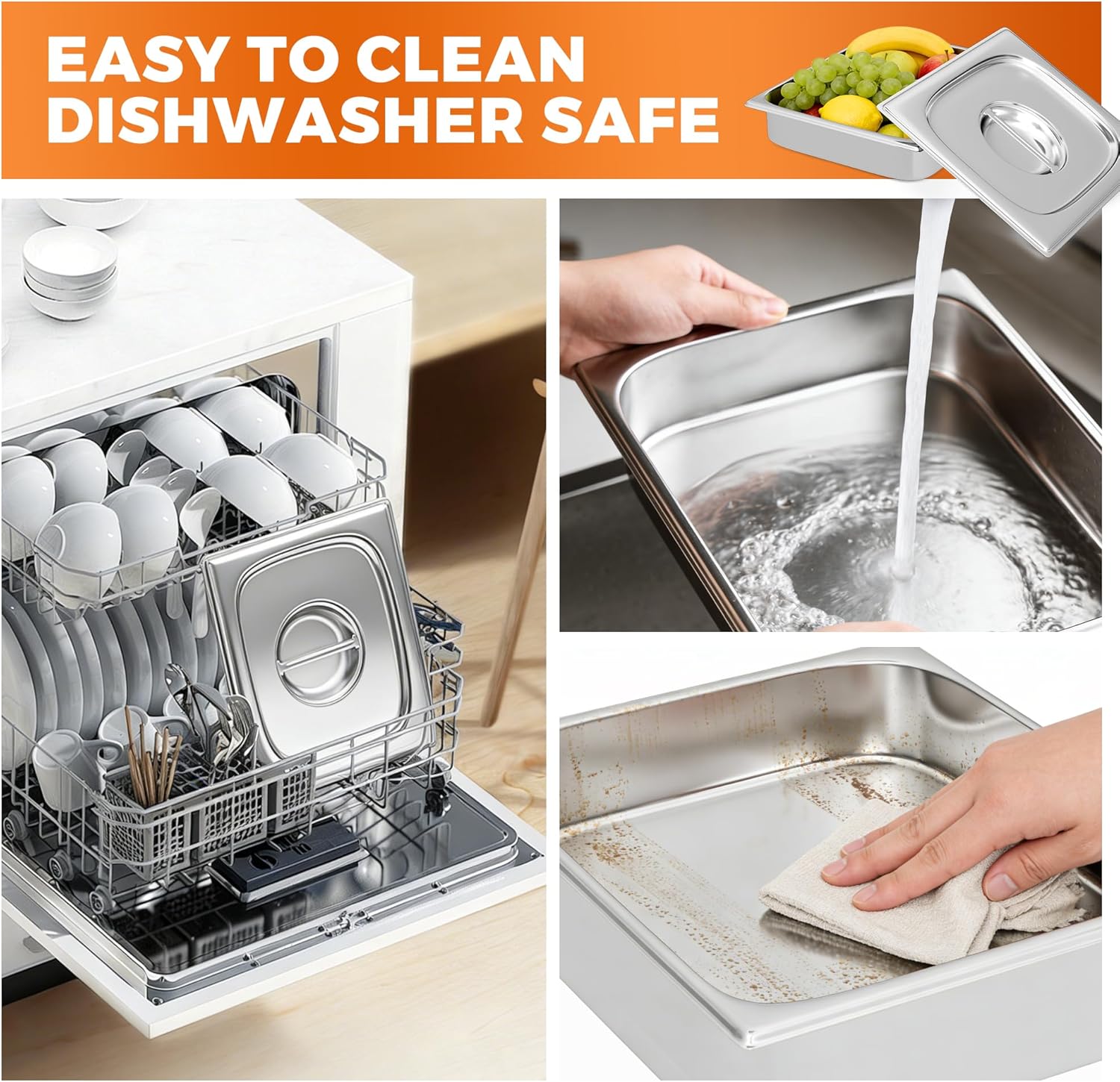 4 Pack Hotel Pans with Lids 1/2 Size 4" Deep, Stainless Steel Steam Table Pan with Lid, Commercial Metal Buffet Food Storage Container, Anti-Jam Design, for Restaurant, Kitchen, Party, Home