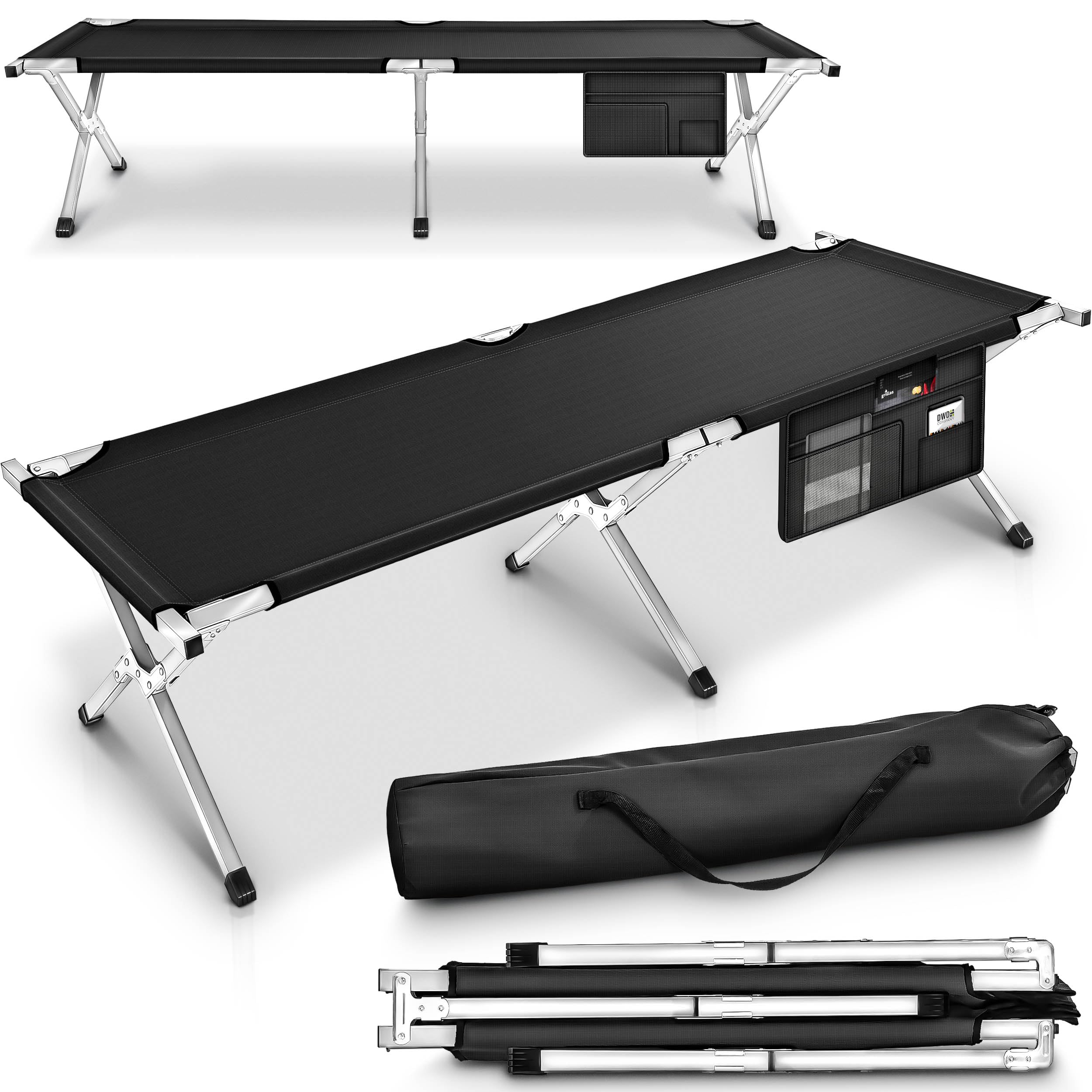 TRESKO XXL Campingbett Feldbett 210 x 72 x 45 cm Metallrohr - Belastbarkeit bis 150kg - in verschiedenen Farben (Schwarz)