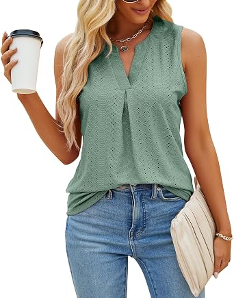Womens V-Neck Neck Tank Tops Eyelet Embroidery Sleeveless Tops Sexy Loose Fit Casual Summer Tees Shirts