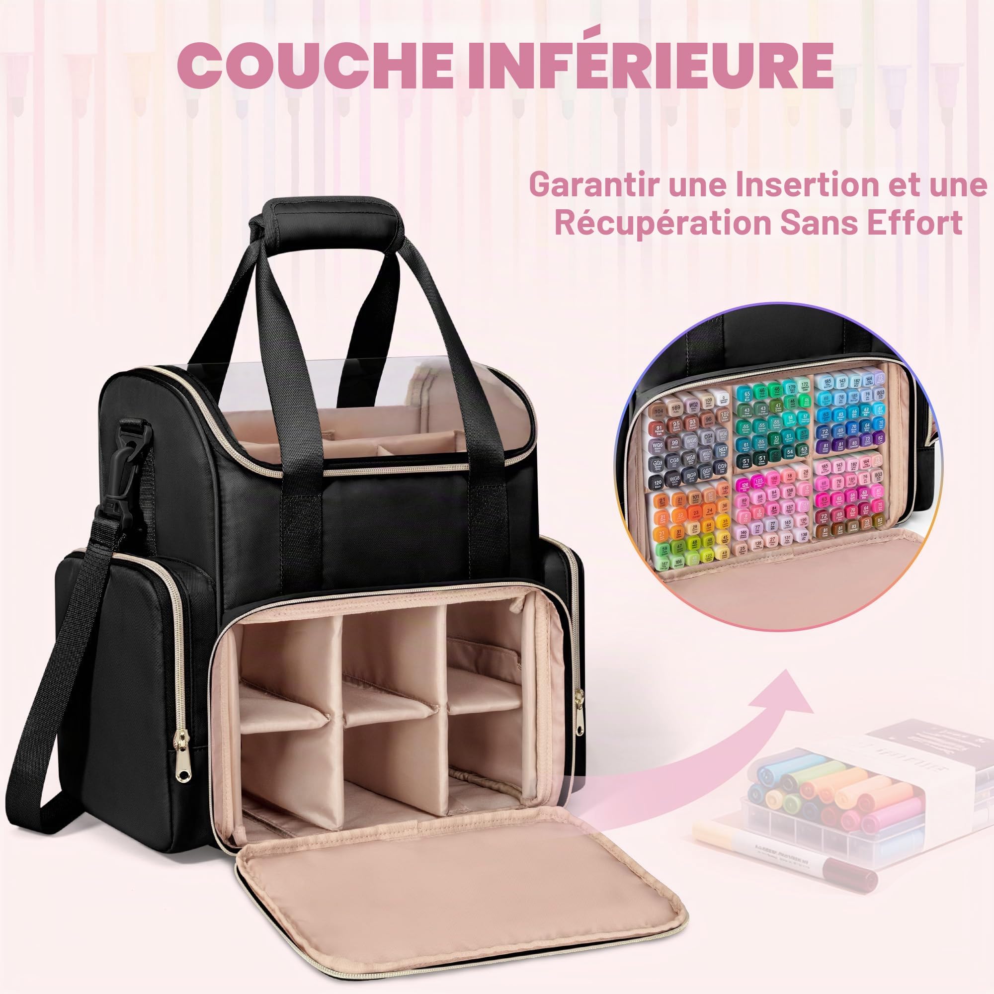 Rexmica Double Couche Sac de Rangement pour 400 Marqueurs, Grand Étui de Rangement pour Feutre à Alcool avec Séparateurs et Multiples Poches pour Stylos, Livres ou Autres Fournitures de Peinture, Noir