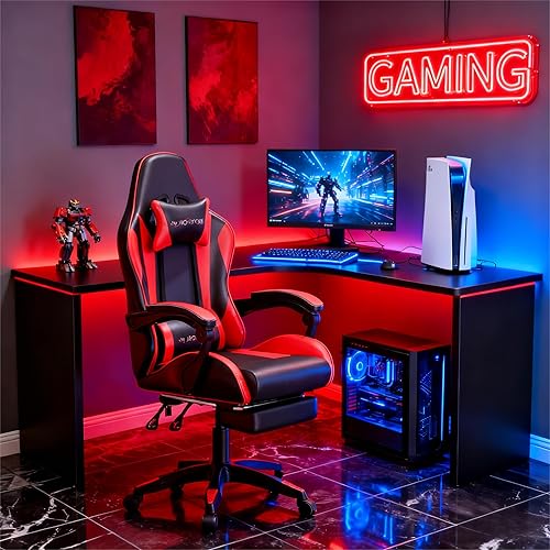 Miniatura 2 de Mr IRONSTONE Silla para videojuegos, silla de computadora con soporte lumbar de masaje y reposapiés ajustable en altura, silla de juego con asiento