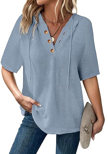 Dimur Hoodies for Women Oversized Waffle Knit V-Neck Summer Top