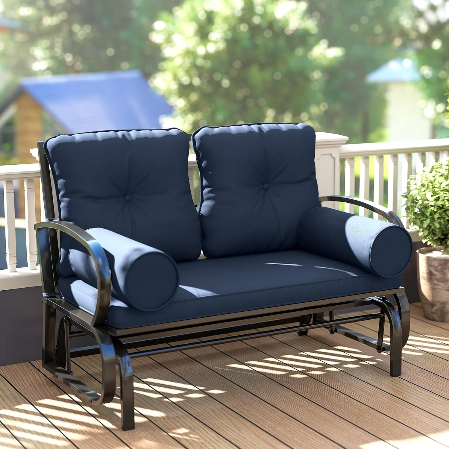 Outsunny Swing Glider Rocking Chair, Double Patio Bench, 2 Person Loveseat with Steel Frame, Cushions, Pillow Armrests, Blue