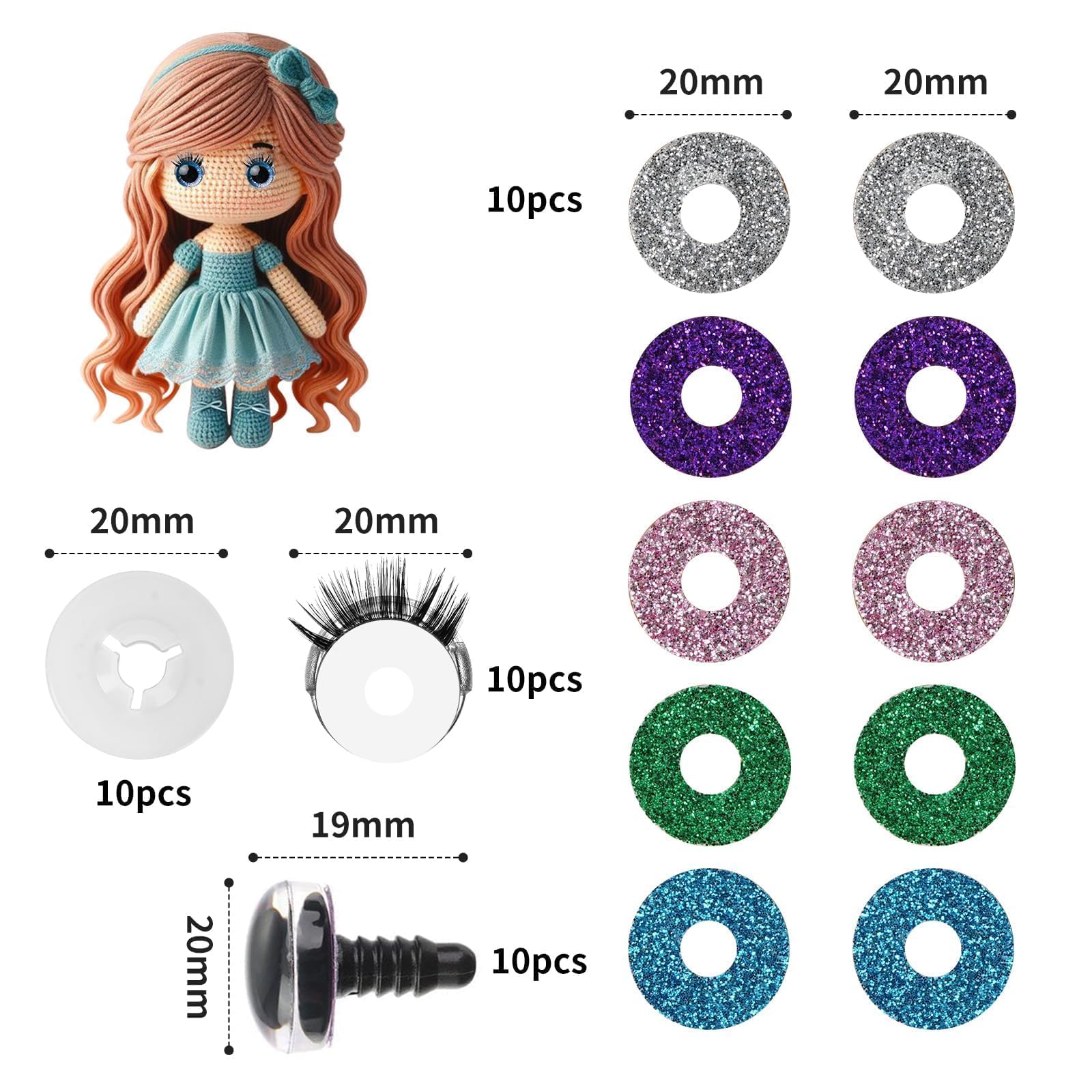 Occhi Per Amigurumi E Pupazzi - 10 Pezzi 20mm Con Ciglia E Rondelle