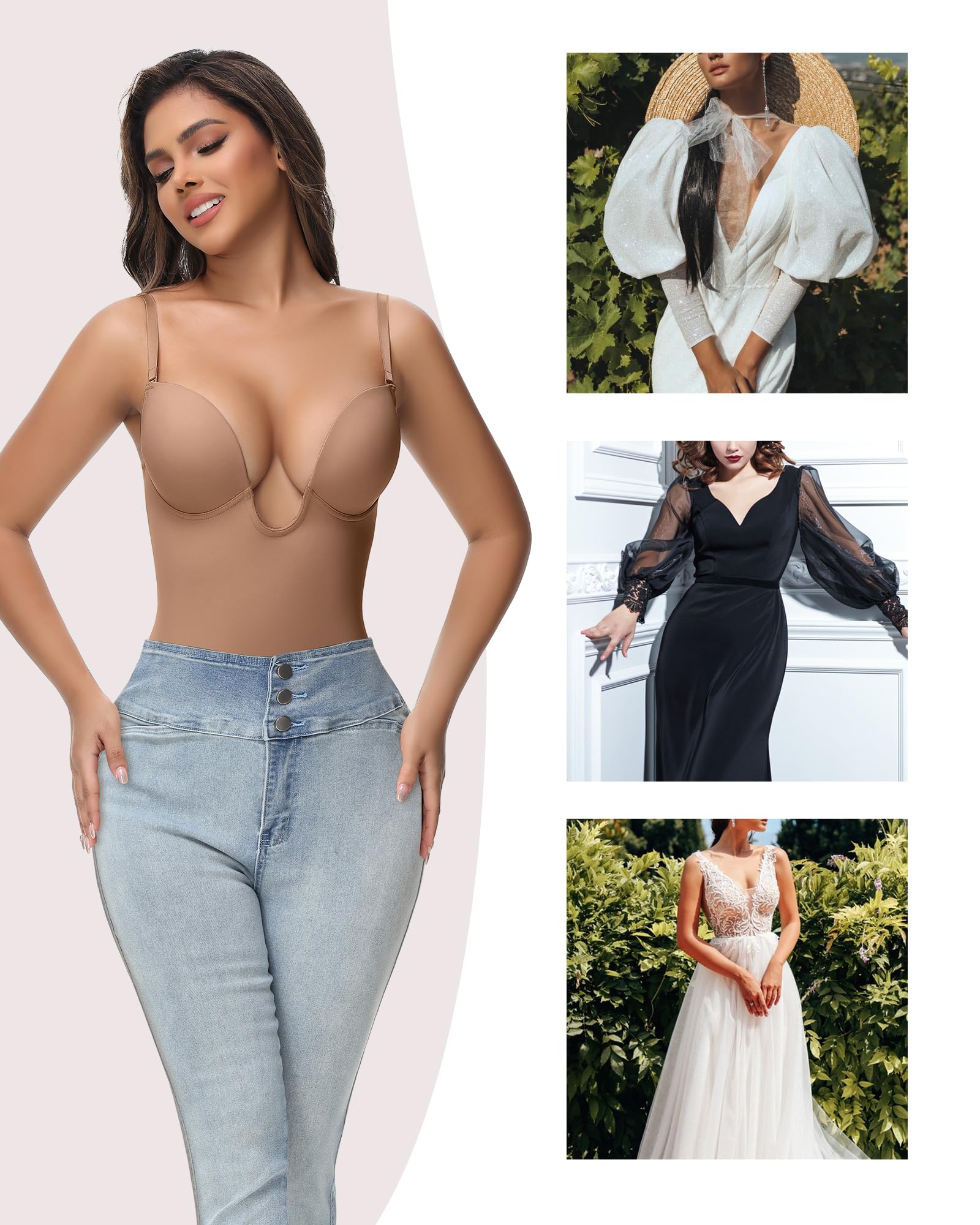 SHAPSHE, Body modellante da donna aperto sulla schiena, senza spalline, con scollo a U profondo, con reggiseno integrato, per il controllo della pancia e per modellare la schiena
