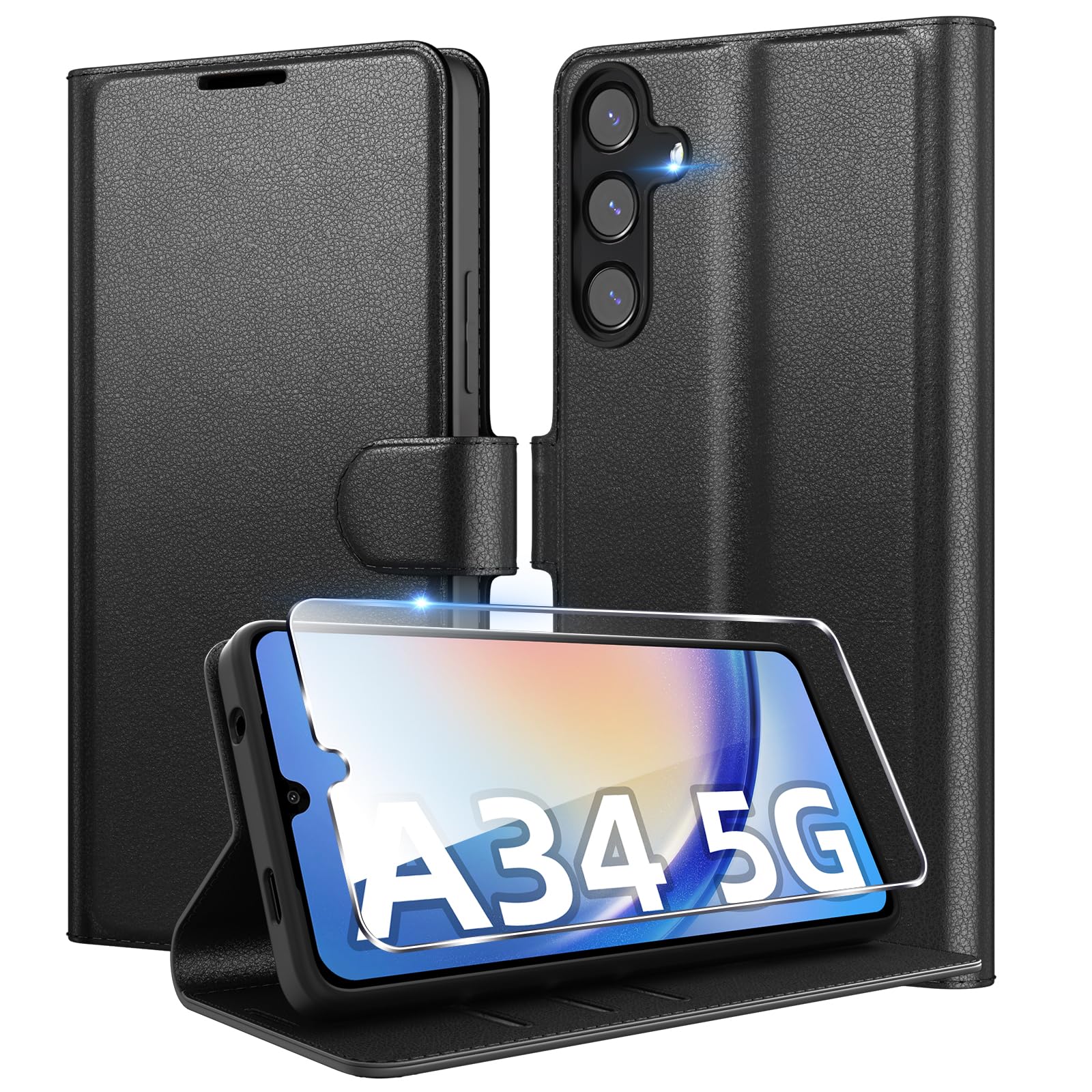 Eirltiy Cover per Samsung Galaxy A34 5G Portafoglio Pelle PU Premium, Custodia Scomparti Carte Antiurto Protettiva Case con 1 Vetro Temperato, Nero