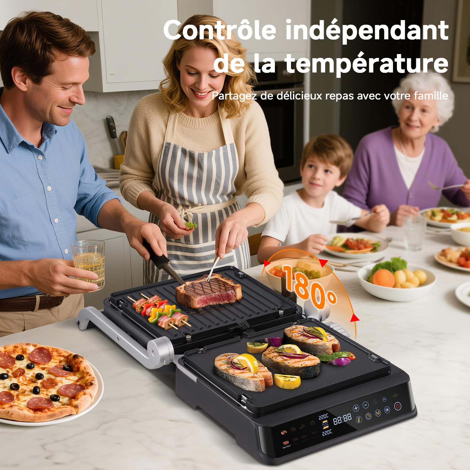 AMZCHEF Grill Contact XL 6-en-1 avec Sonde de Température, 280°C GrillBoost, 6 Programmes, Double Zone, Ouverture 180°, Plaques Antiadhésives pour Steak, Panini, Gaufres & Sandwich