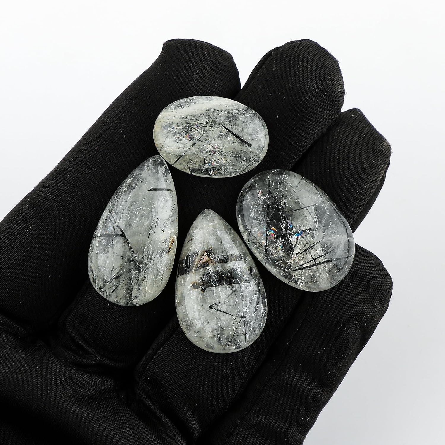 CRYSTALIS Wholesale 4pcs Natural Green Rutile Quartz Loose Gemstone Bulk Cabochons Jewelry Making Supply, Chakra & Healing Polished Stones, Wire Wrapping, DIY, Gem Collection
