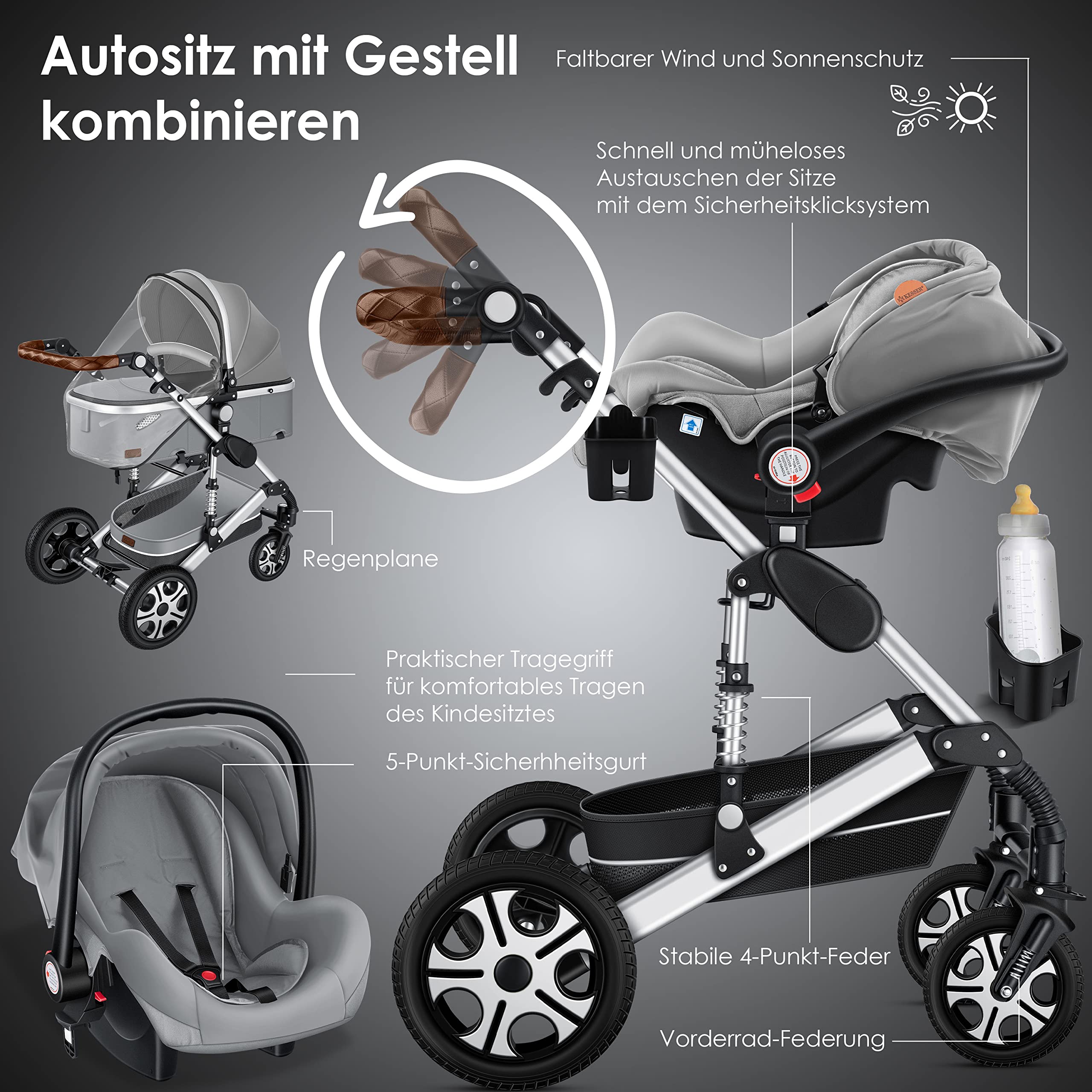 KESSER® Carrozzina 3in1 Loops, Carrozzina Combinata con navicella, Seggiolino sportivo, Seggiolino auto, Borsa Fasciatoio, Parapioggia, Tavolino per Bambini, Grigio/Argento