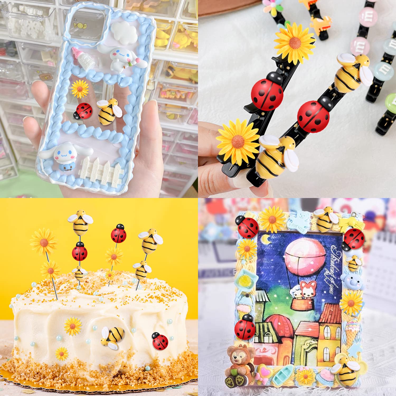 CCOZN Lot de 100 petites abeilles en résine - Fleurs de marguerites - Coccinelles - Dos plat - Décoration avec boîte - Décoration de gâteaux - Fleurs d'abeilles pour travaux manuels, scrapbooking