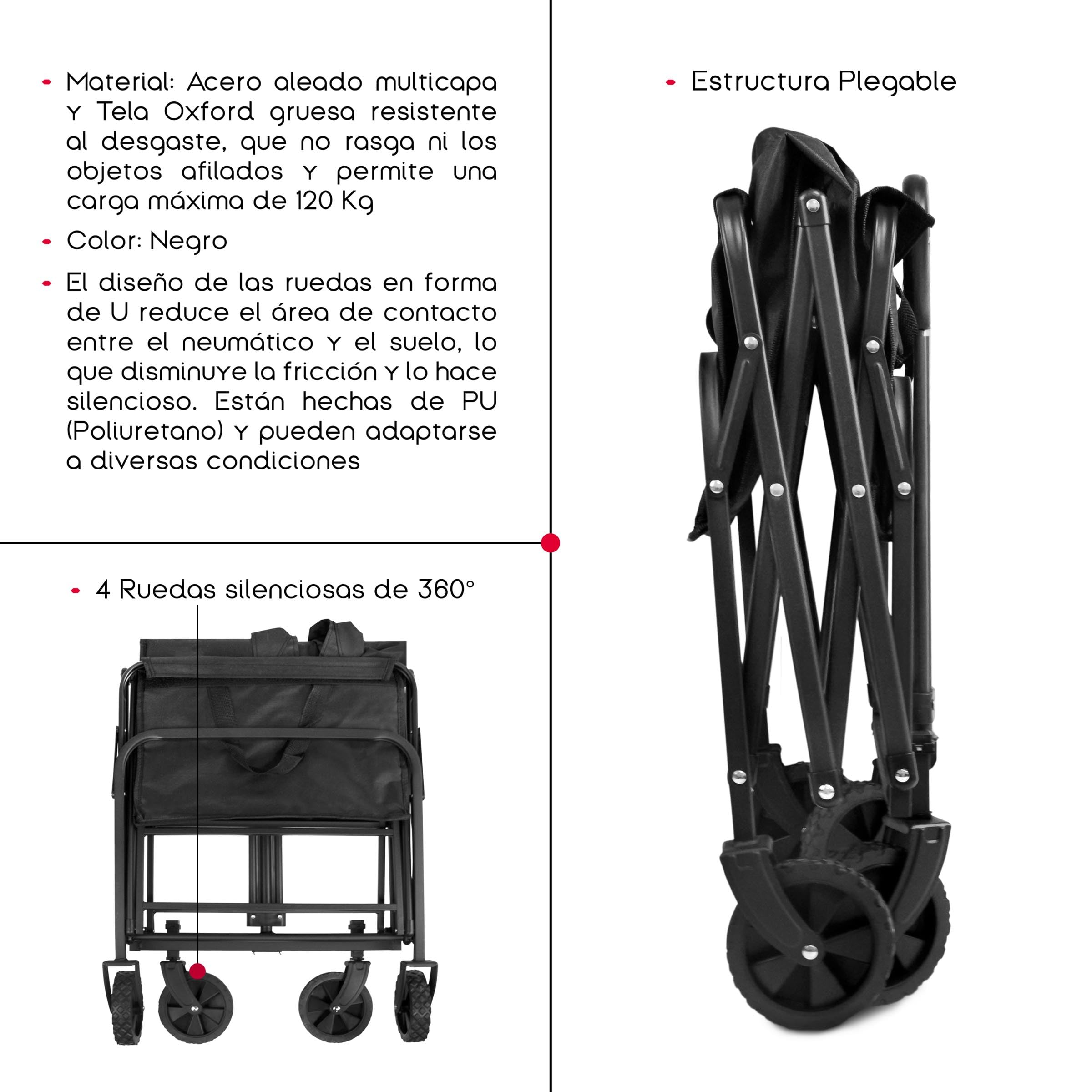 TIENDA EURASIA – Carro Playa | Plegable | Material Acero Aleado y Tela Oxford | Color Negro | 4 Ruedas silenciosas de 360º | Medidas 76x49x63/86 cm | Peso Máx 120 Kg | Palanca Push-Pull Ajustable