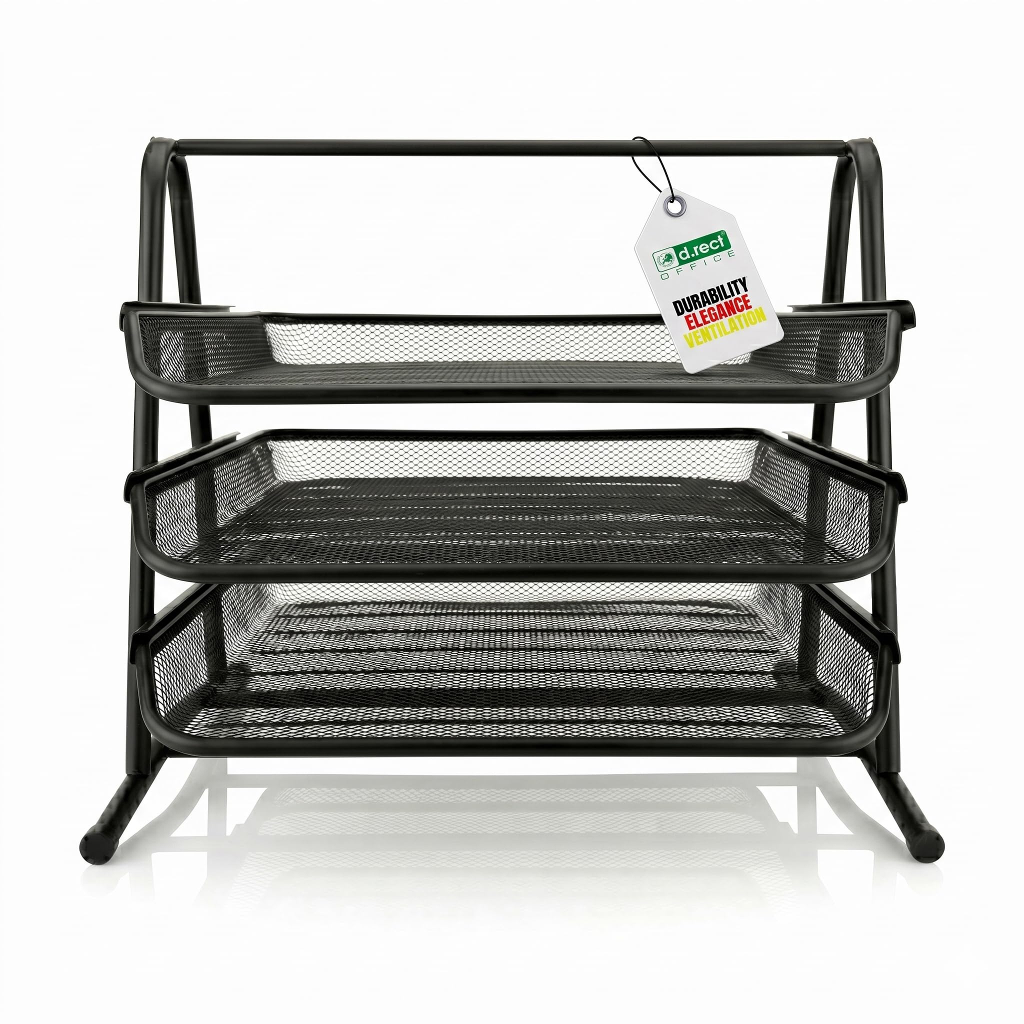 D.rect Komo 3-Tier Desk File Organizer – A4 Document Tray With Pull-Out Shelves – Sturdy Metal Mesh Letter Tray With Non-Slip Feet – 350×297×275 Mm, Black