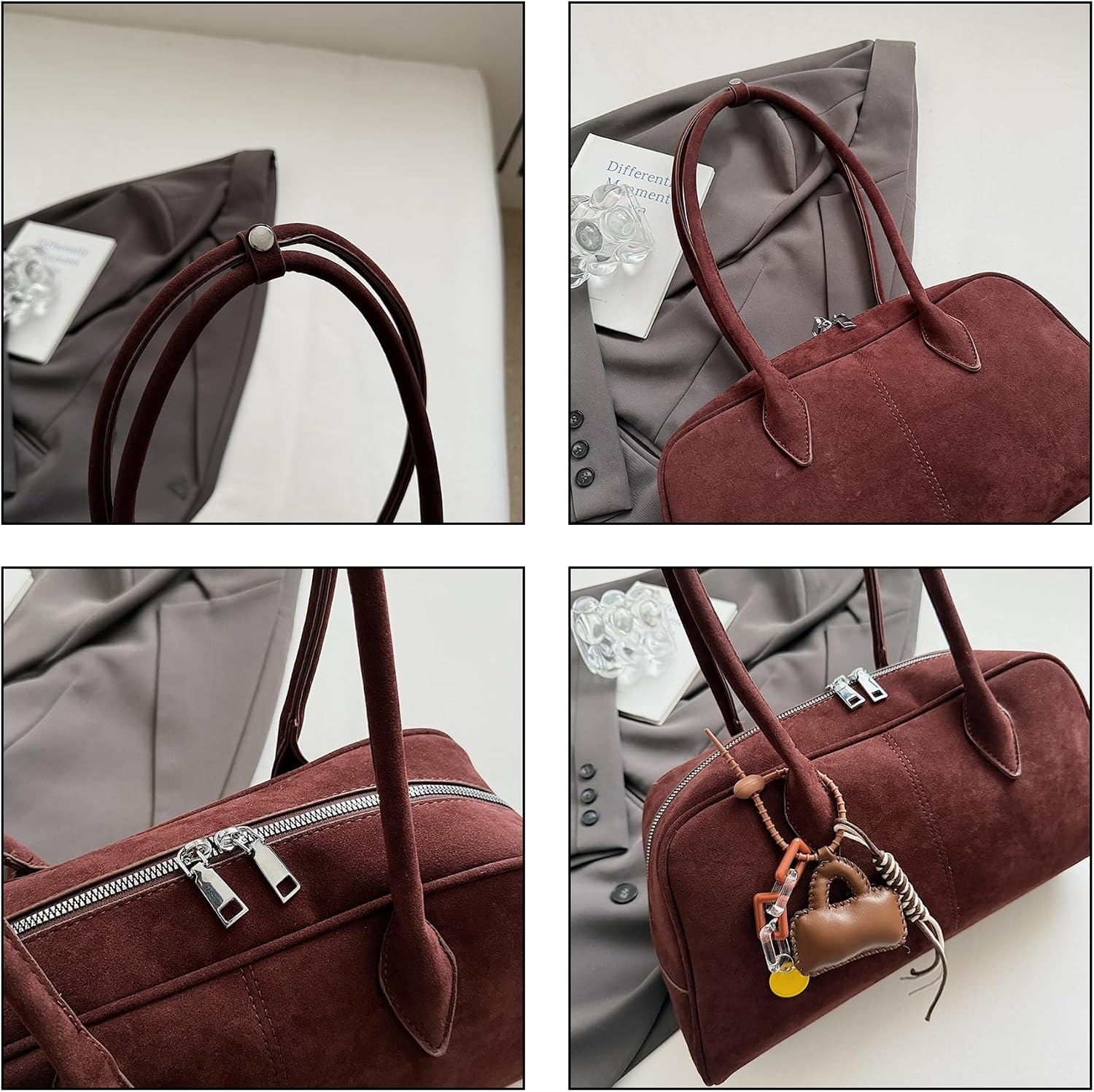 Women's Faux Suede Bowler Tote Bag, Fashion Vintage Shoulder Purse with Top Handle, Elegant Structured Satchel for Everyday Use (【Black】)