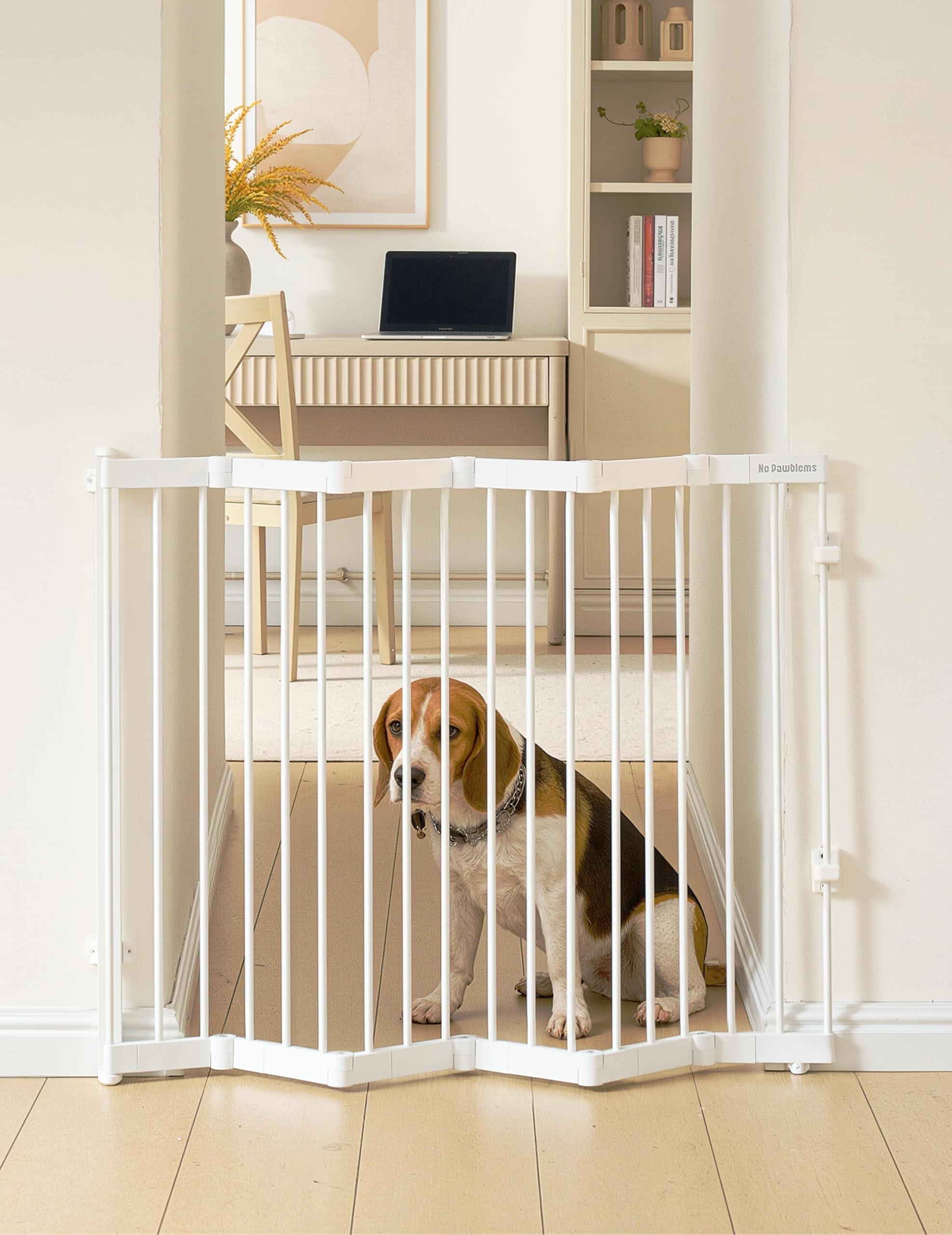 No Pawblems Retractable Safty Gate, Metal Adjustable Dog Gate for Doorways, Stairs & Hallways, Expands to 38" Wide, Auto Retract Design, No Bottom Bar, White
