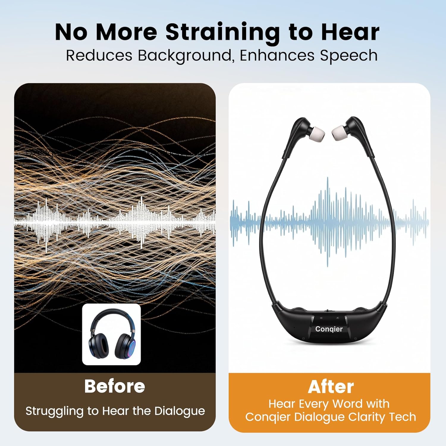 Conqier Dual TV Wireless Headphones - Dialogue Clear & 164FT Range, 3 TONE, Peacefully Watch Together, Wireless TV Headsets for Seniors, Audio Bypass to Soundbar, Left/Right Balance, Individual Volume