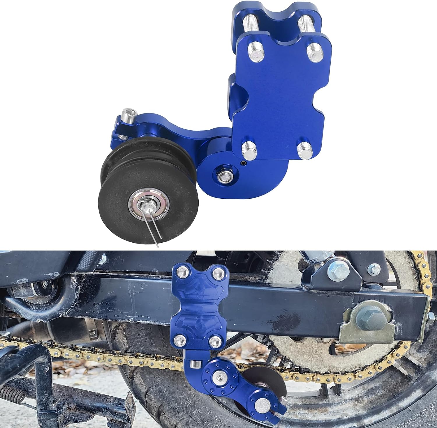 Universal Motorcycle CNC Aluminum Chain Adjuster Tensioner - Automatic Roller Tool for Motocross, Chopper, ATV & Dirt Bike (Blue)