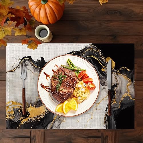 Miniatura 6 de Juego de 6 manteles individuales blancos y negros, lavables, resistentes al calor, de 12 x 18 pulgadas, manteles individuales de lino con mármol